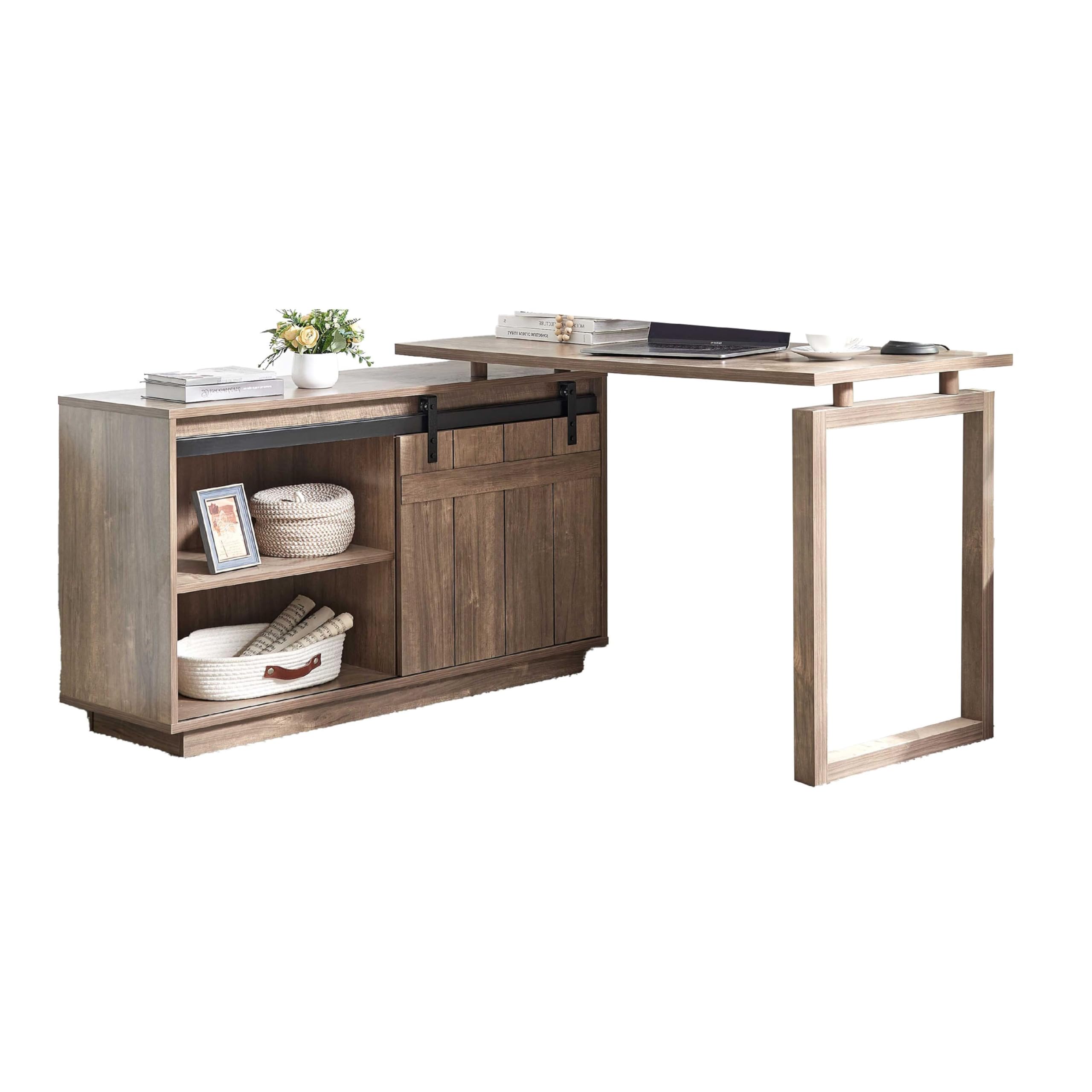 Fior L Shaped Writing Desk, 56 Inch, Hazelnut Brown Wood, Barn Door