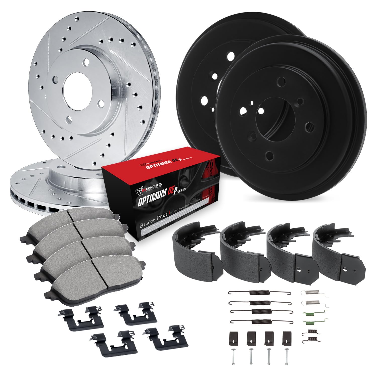 R1 Concepts Drilled and Slotted Silver Disc Brake Rotor and Drum Set with Optimum Oe Pads, Shoes, and Hardware WGUH2-76079
