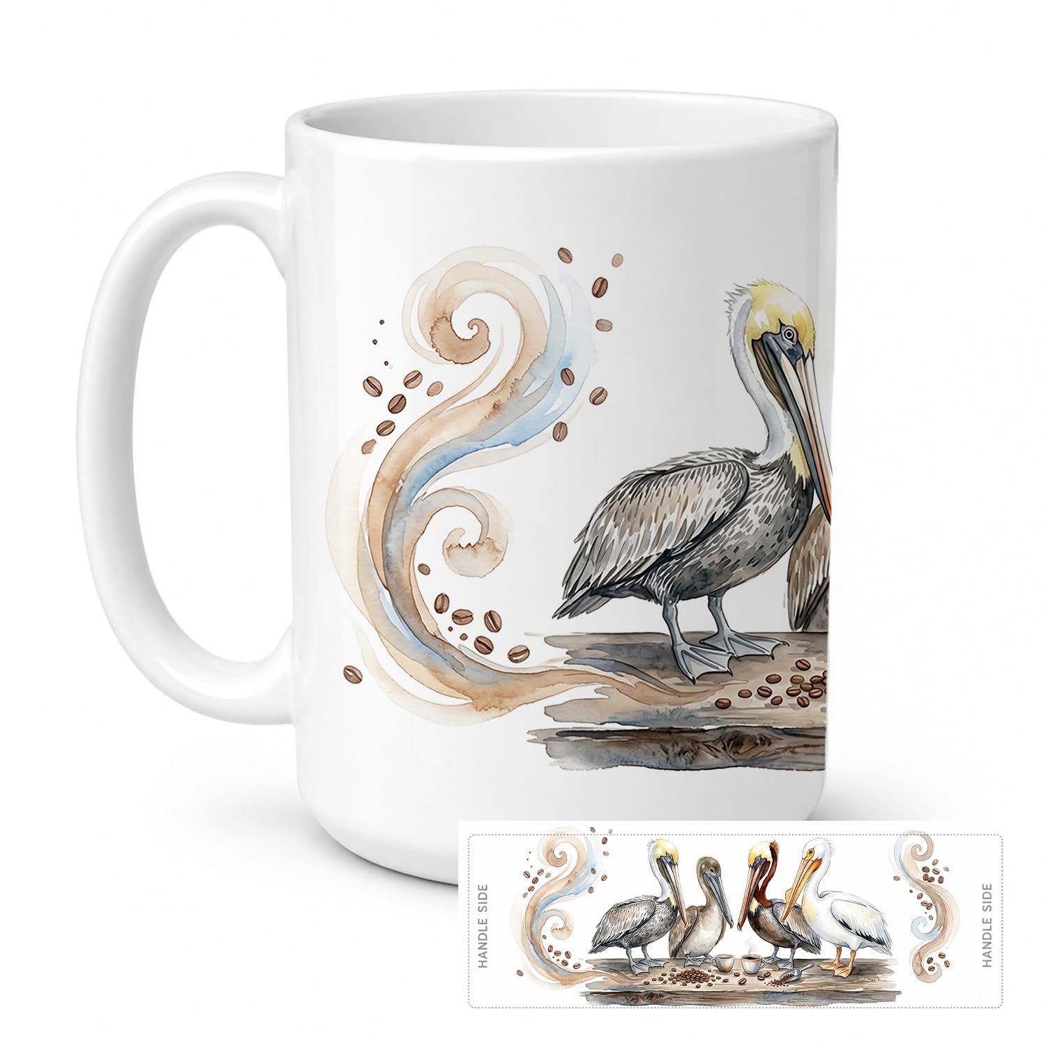 Carolines Treasures Pelicans Morning Coffee Ceramic Coffee Mug 15 oz Decorative Large C Handle Mug Cup for Tea, Cocoa Hot Chocolate