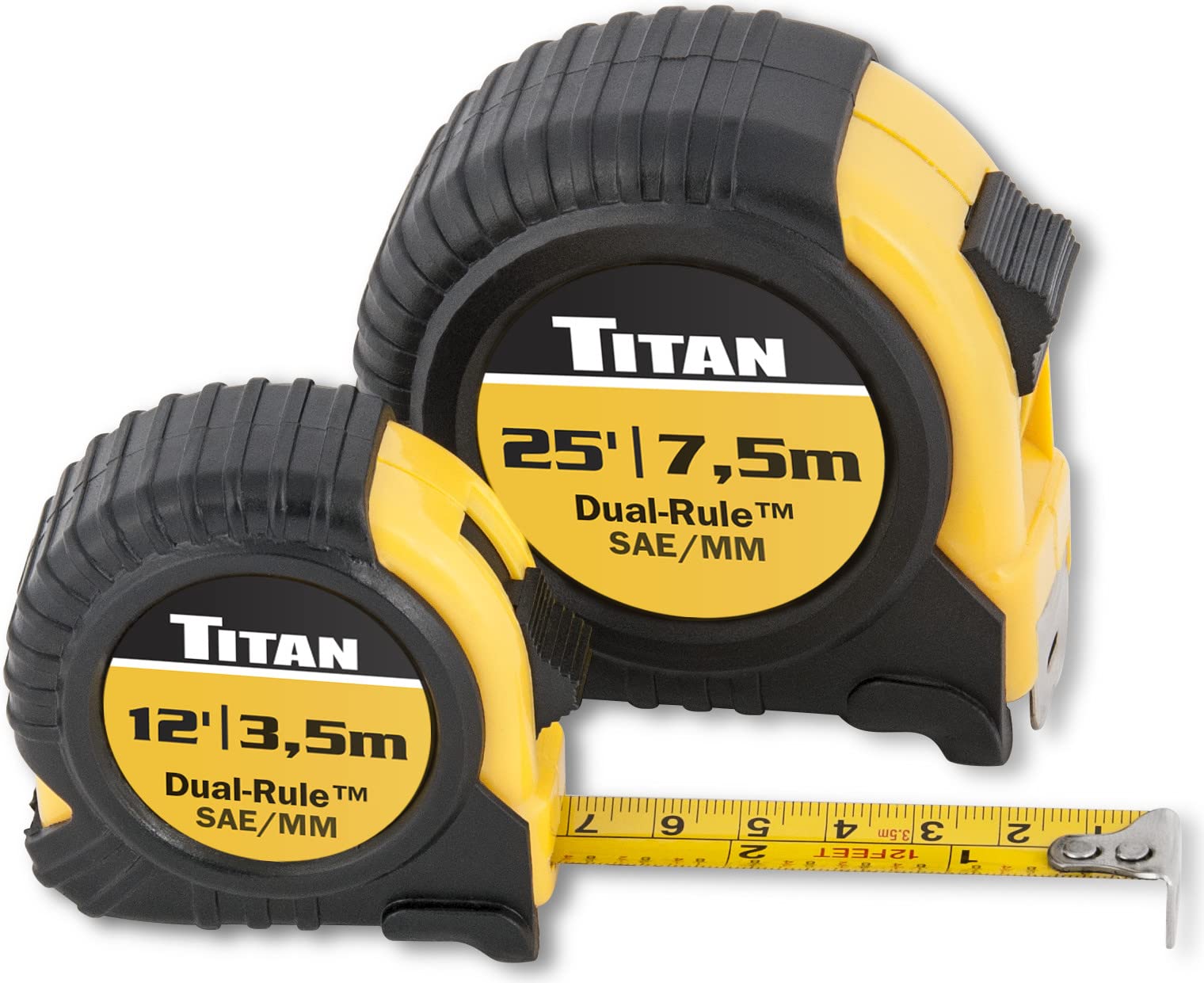 TITAN - 2 PIECE COMBO 12 & 25 DUAL RULE (STANDARD & METRIC) TAPE MEASURE SET WITH QUICK READ MARKINGS