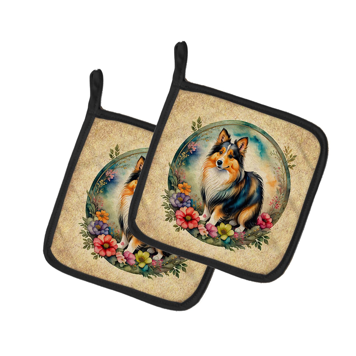 Sheltie and Flowers Pair of Pot Holders