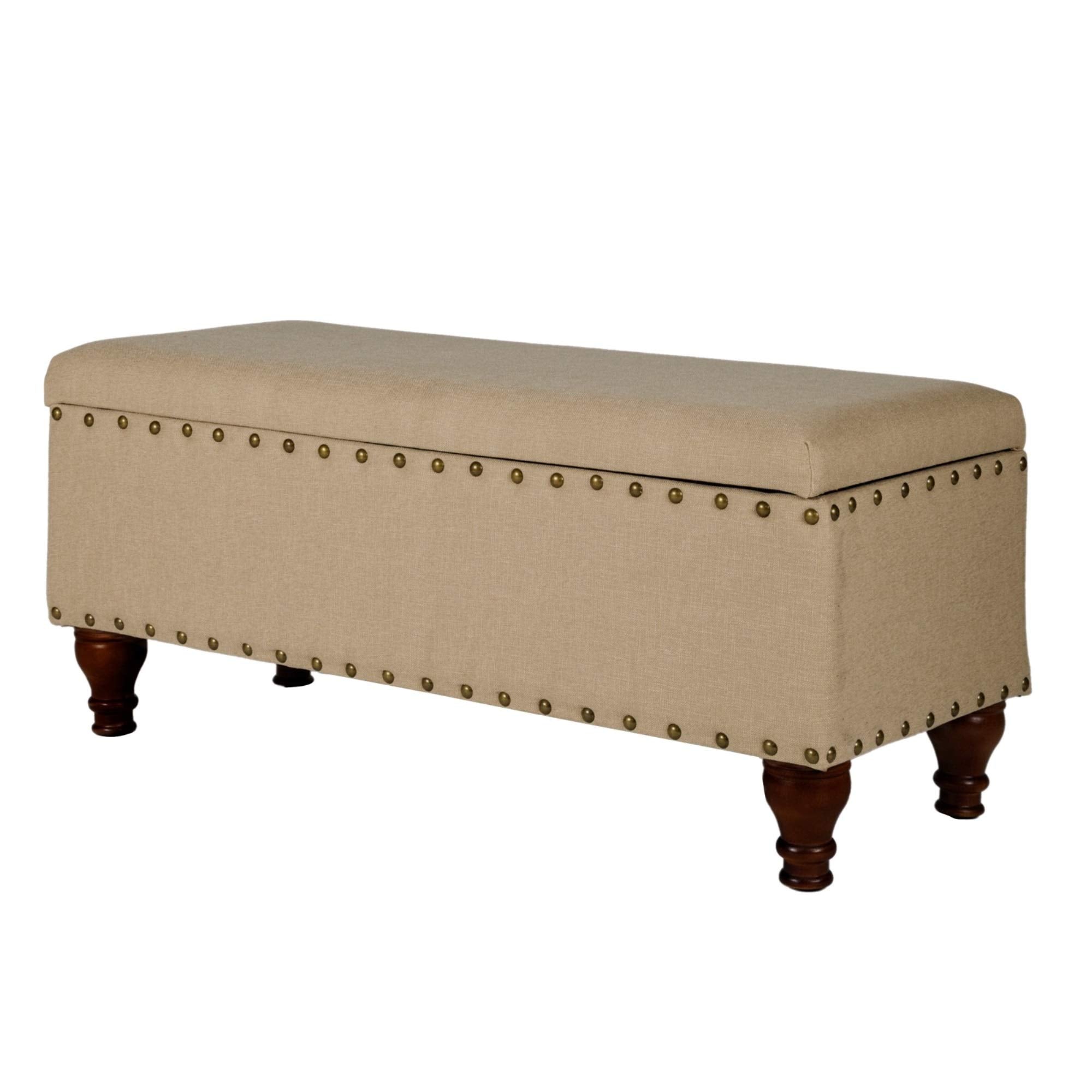 Benjara Fabric Upholstered Wooden Storage Bench With Nail Head Trim Large Tan Brown