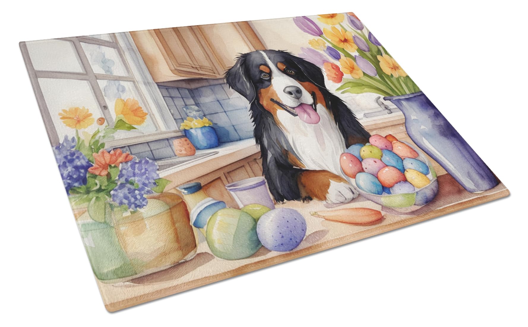 Carolines Treasures DAC6762LCB Decorating Easter Bernese Mountain Dog Glass Cutting Board Decorative Tempered Glass Kitchen Cutting and Serving Board Large Size Chopping Board