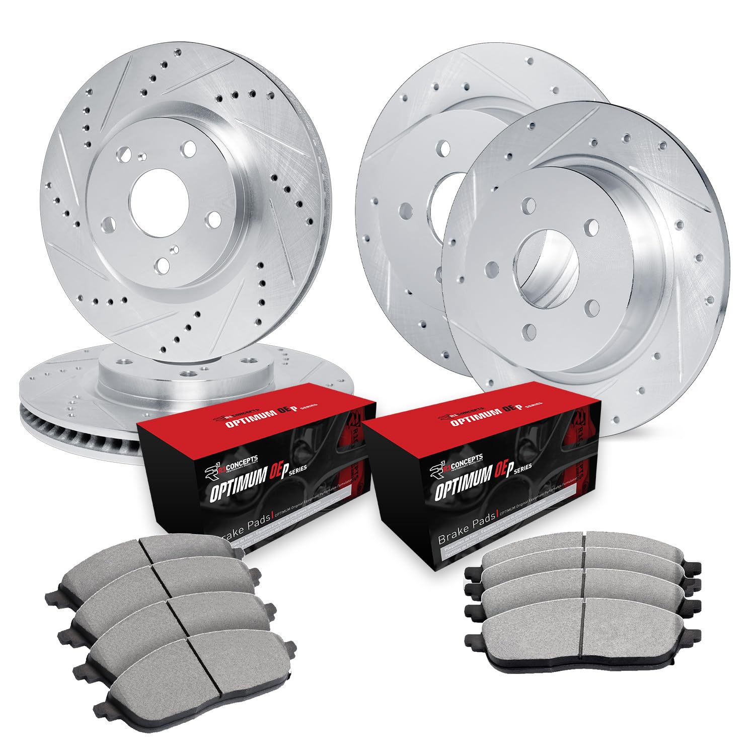 R1 Concepts Drilled and Slotted Silver Disc Brake Rotor Set with Optimum Oe Pads WGUN2-55017
