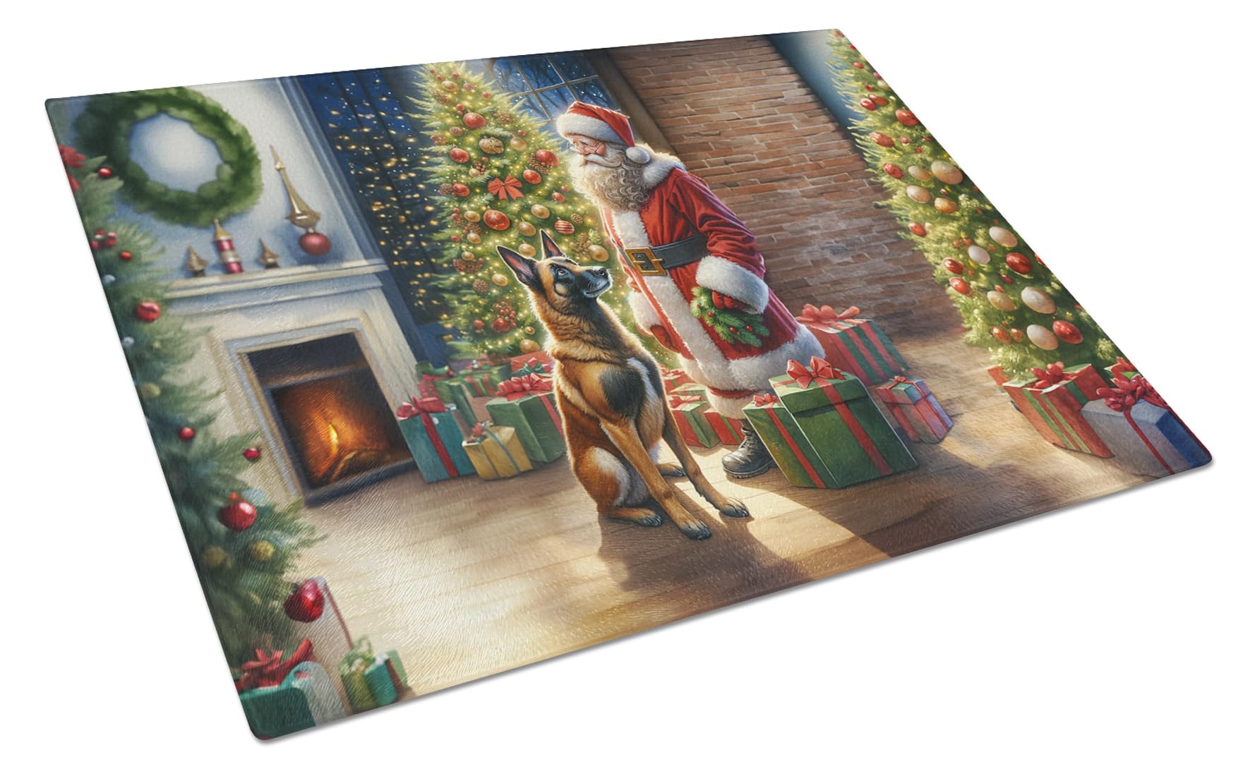Carolines Treasures DAC4066LCB Belgian Malinois and Santa Claus Glass Cutting Board Decorative Tempered Glass Kitchen Cutting and Serving Board Large Size Chopping Board