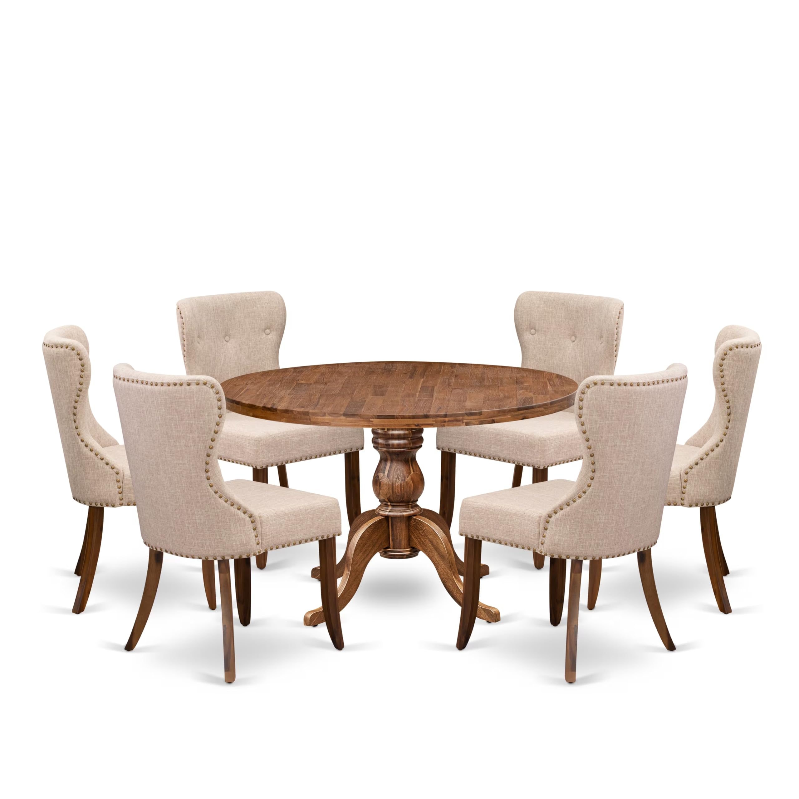 7 Piece Kitchen Table Set Contains 48 Round Table In Light Tan Color