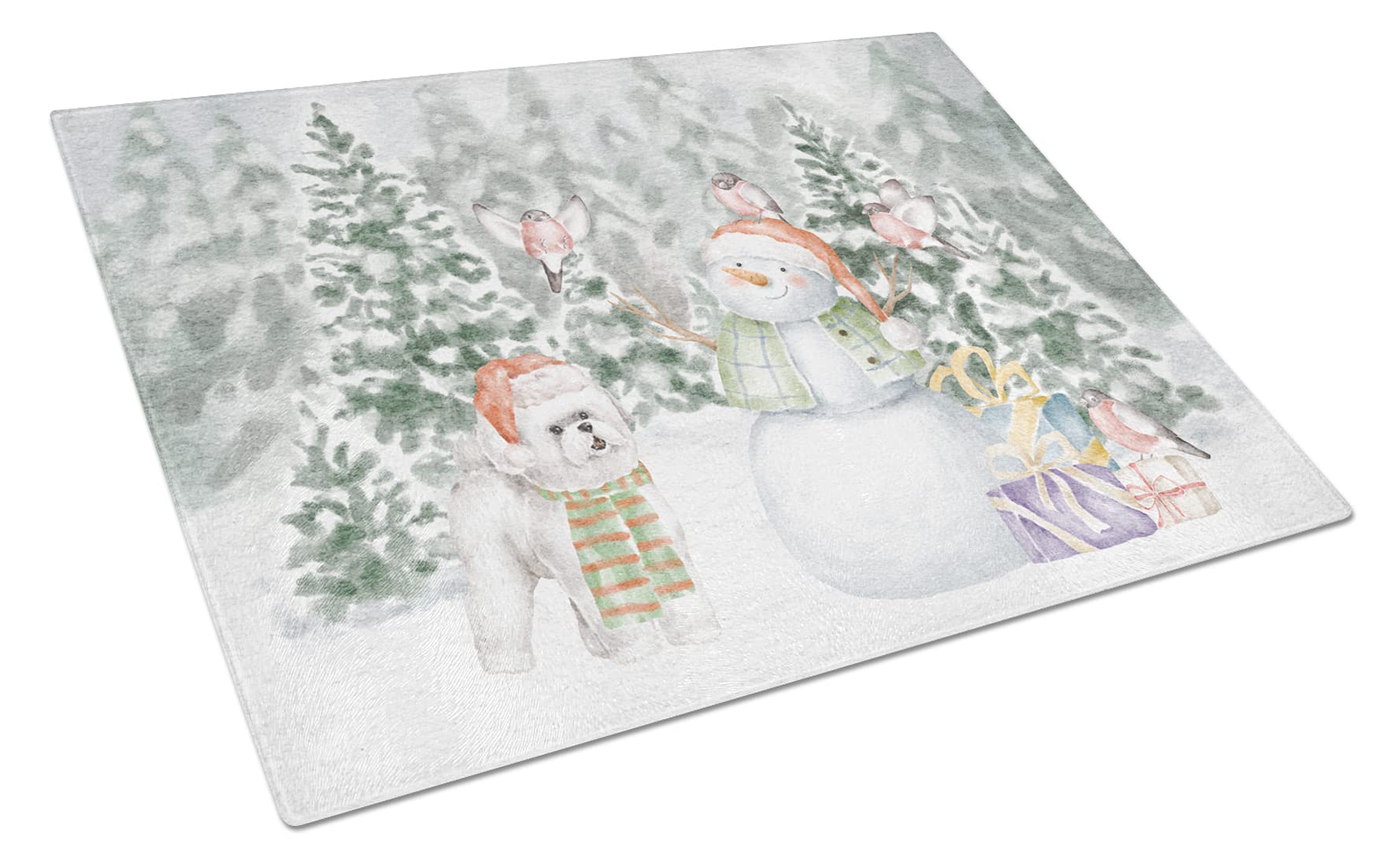 Carolines Treasures CK8098LCB Bichon Frise Standing Snowman and Christmas Presents Glass Cutting Board Large Decorative Tempered Glass Kitchen Cutting and Serving Board Large Size Chopping Board