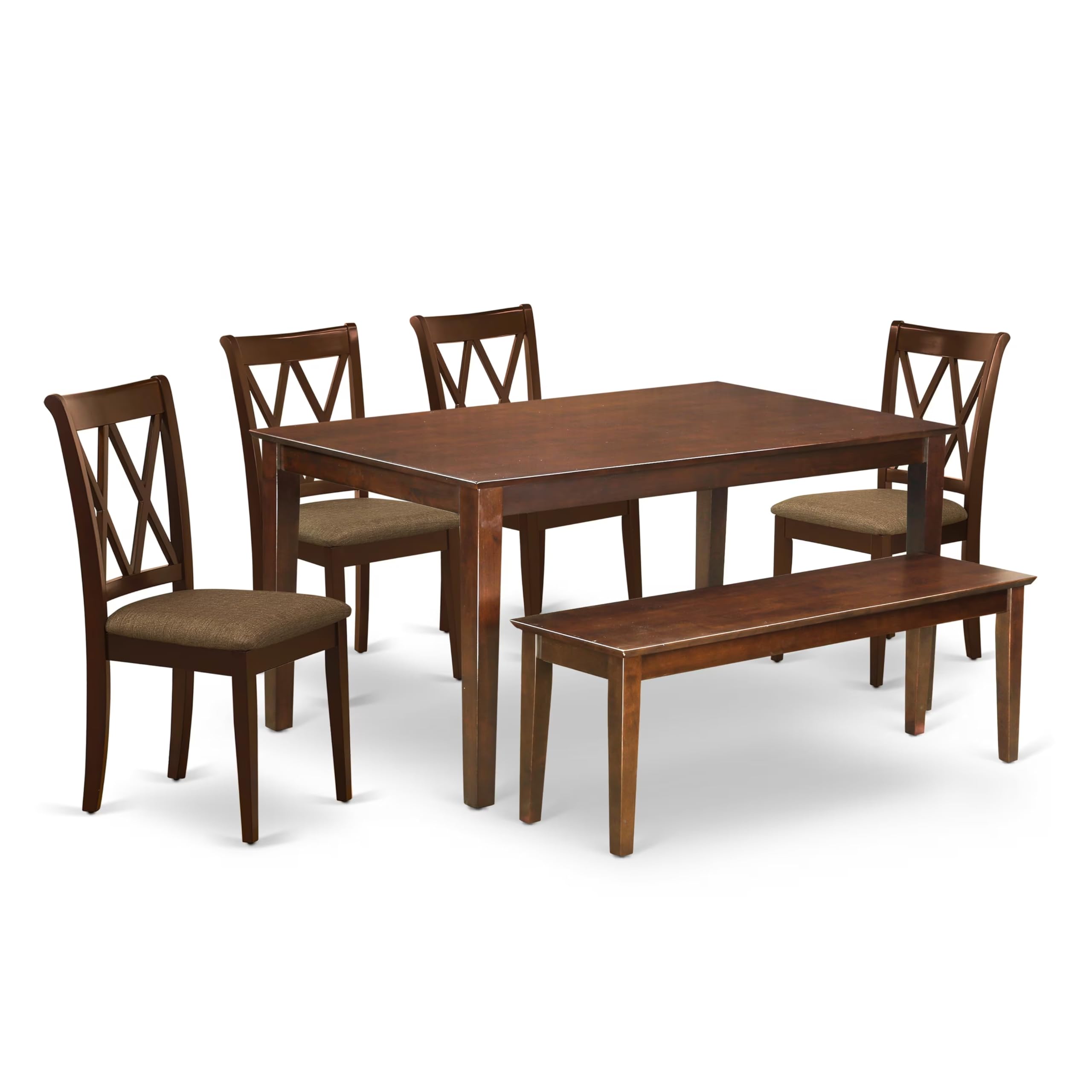 DUCL6-MAH-C 6Pc Dining Set Includes a Rectangle Dining Table, Four Double X Back Linen seat Kitchen Chairs and a Bench, Mahogany Finish