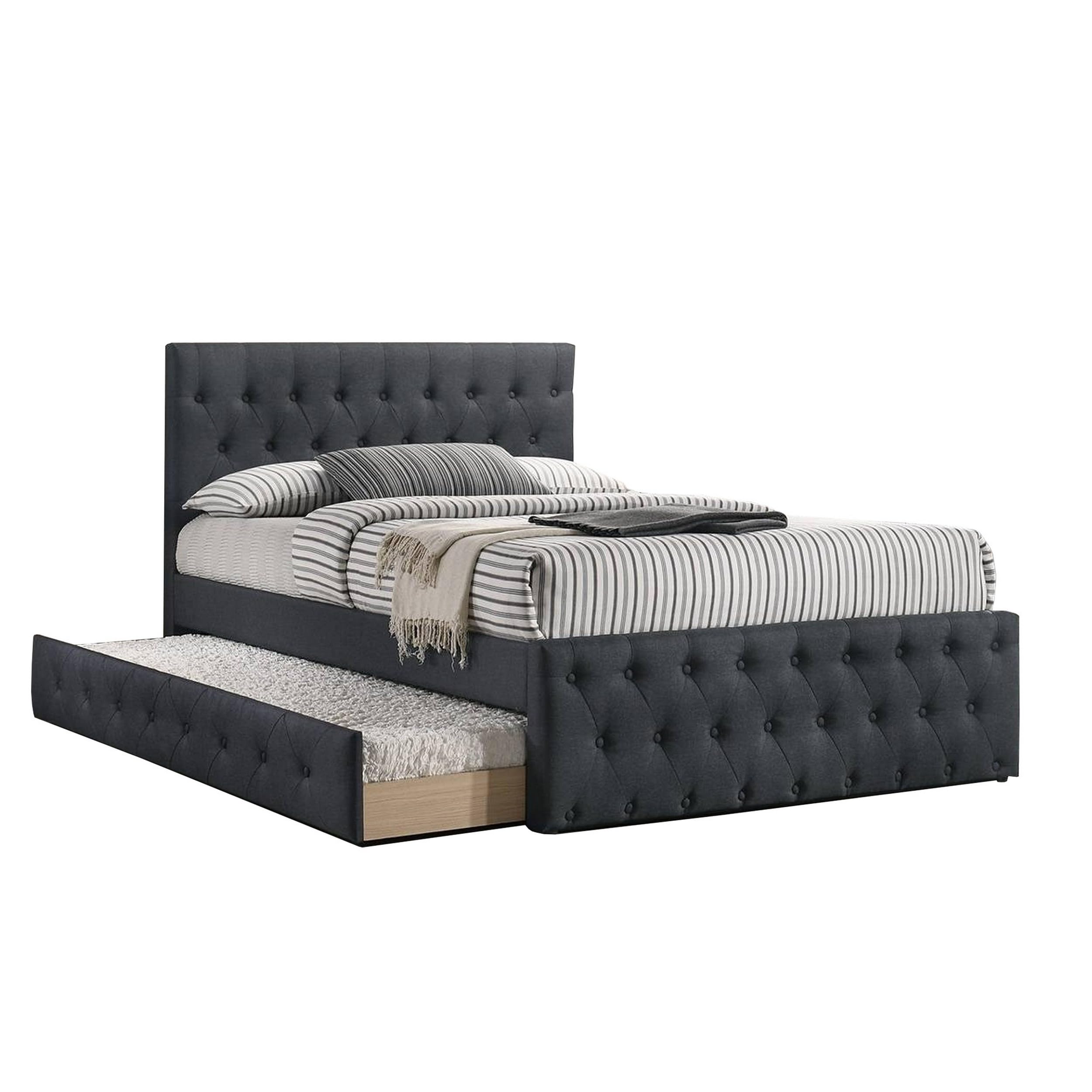 Nek Wood Twin Size Upholstered Bed with Trundle, Tufted Charcoal Burlap