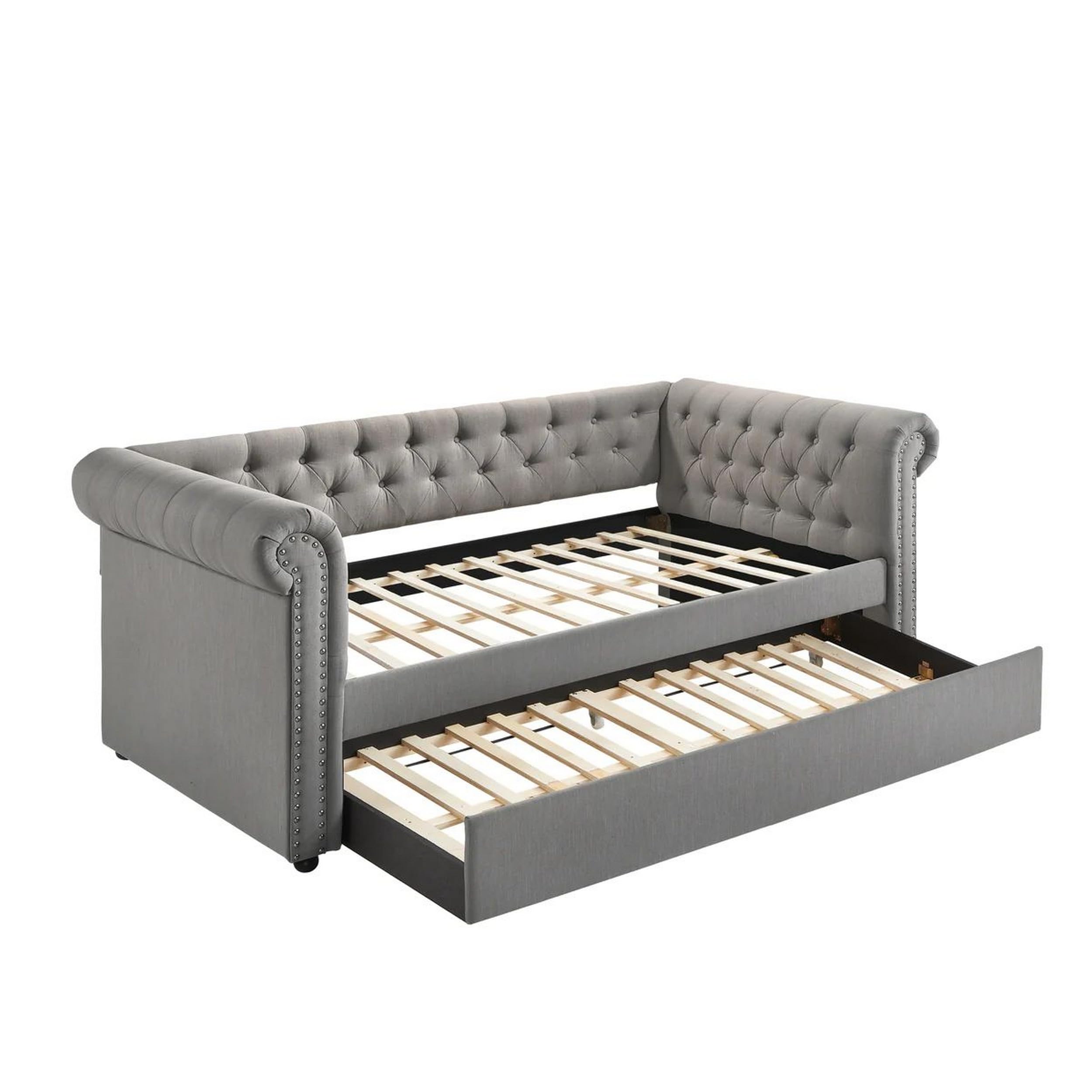 Ellen Trundle Daybed, Gray Fabric Upholstery, Rolled Arms, Nailhead Trim