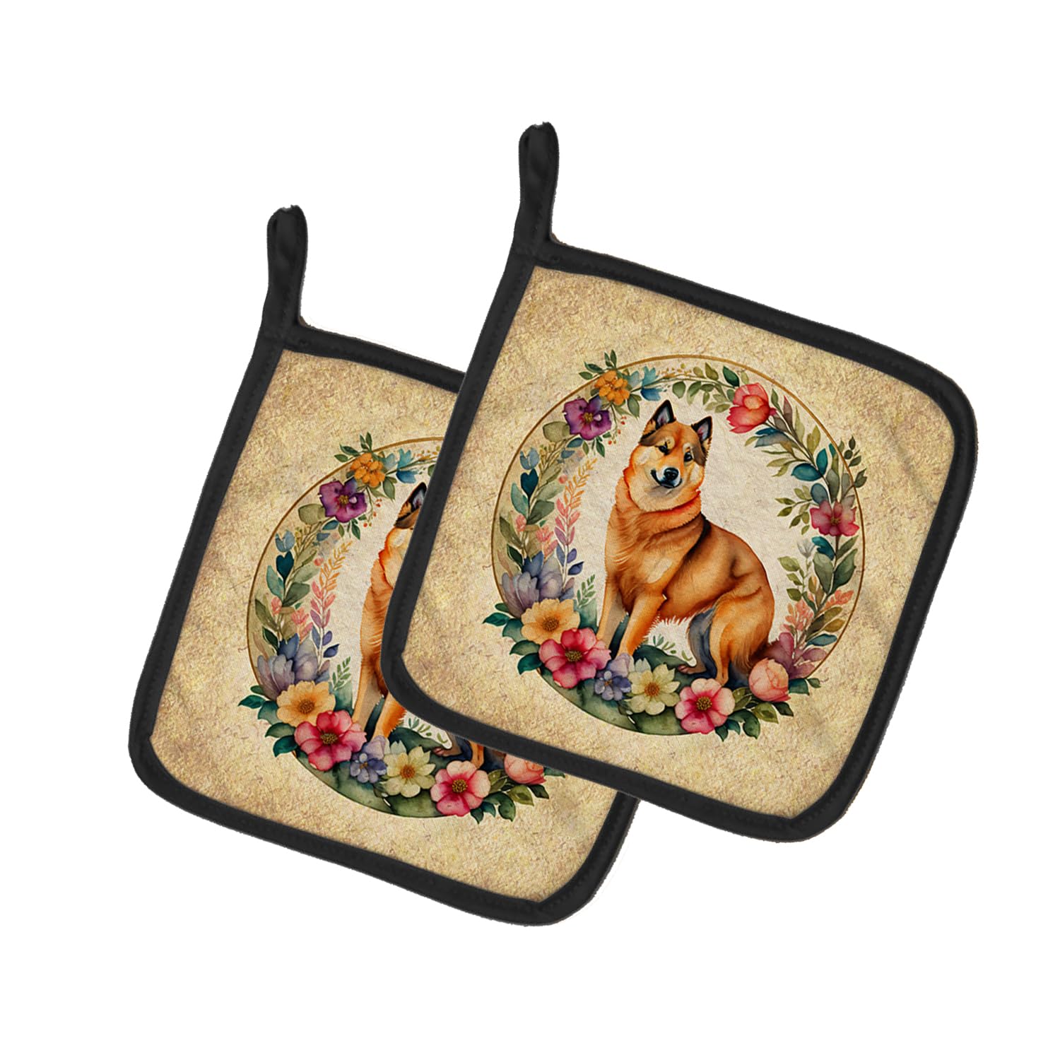 Finnish Spitz and Flowers Pair of Pot Holders