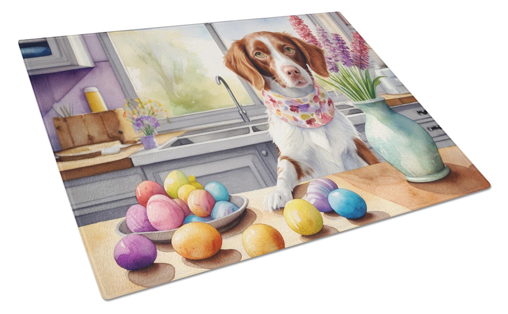 Carolines Treasures DAC6776LCB Decorating Easter Brittany Spaniel Glass Cutting Board Decorative Tempered Glass Kitchen Cutting and Serving Board Large Size Chopping Board