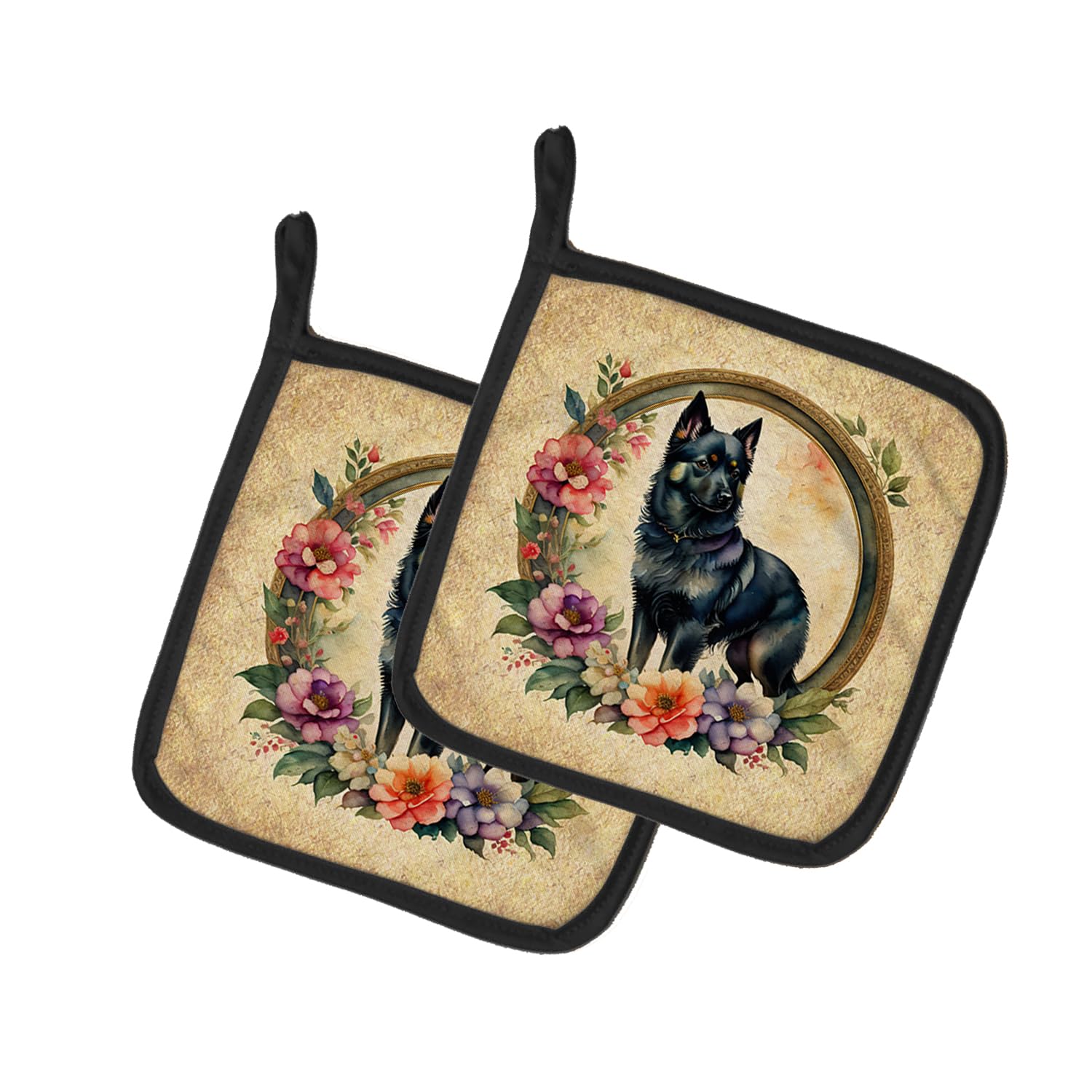 Schipperke and Flowers Pair of Pot Holders