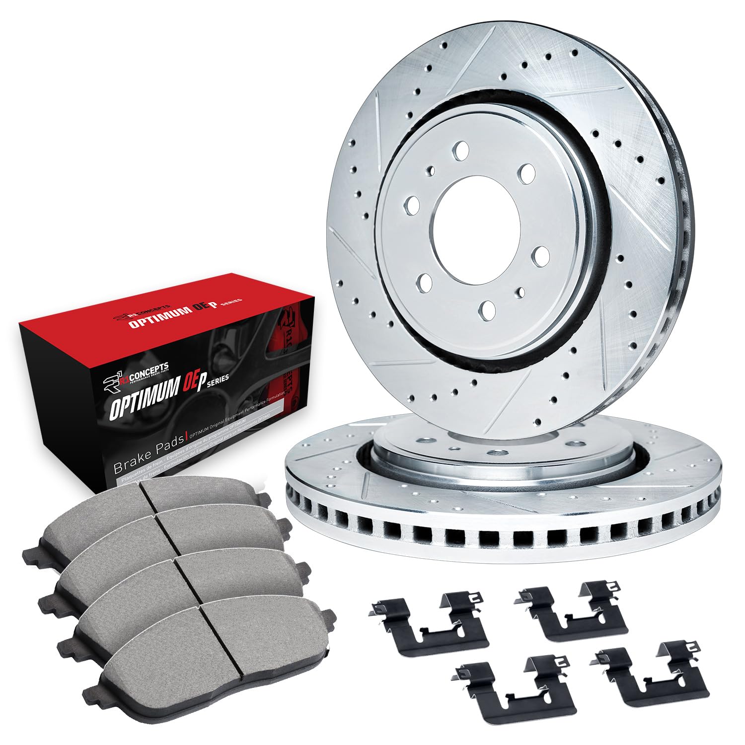 R1 Concepts Drilled and Slotted Silver Disc Brake Rotor Set with Optimum Oe Pads and Hardware WGUH1-76100