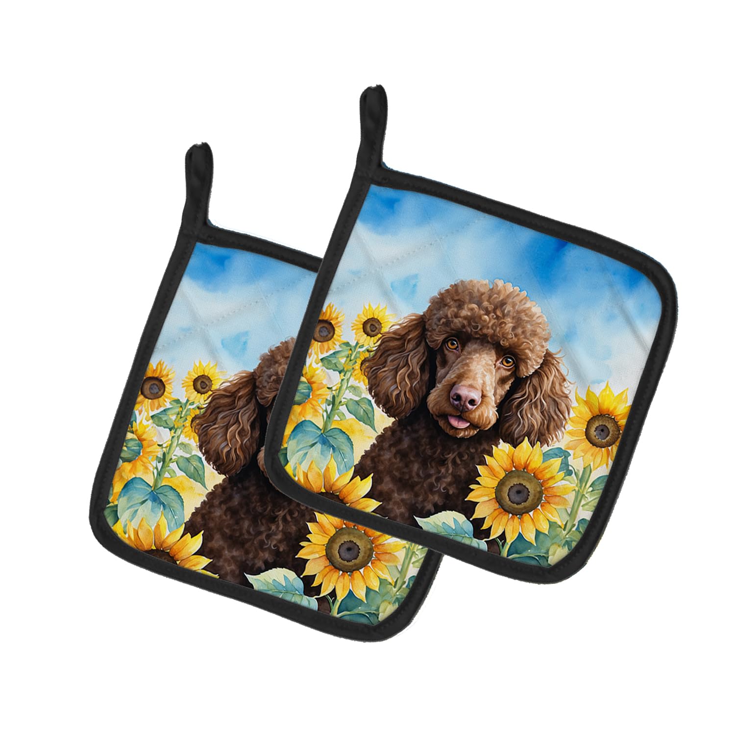 Chocolate Poodle in Sunflowers Pair of Pot Holders