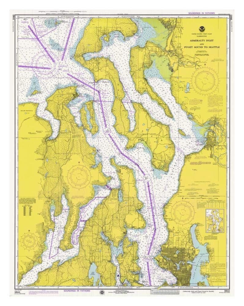 Nautical Chart - Admiralty Inlet and Puget Sound to Seattle ca. 1975-Paper Art-26x32”