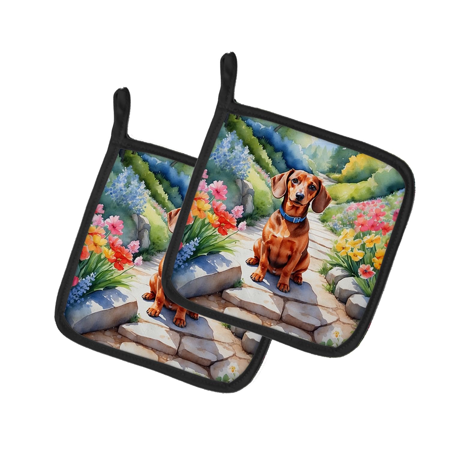 Dachshund Spring Path Pair of Pot Holders
