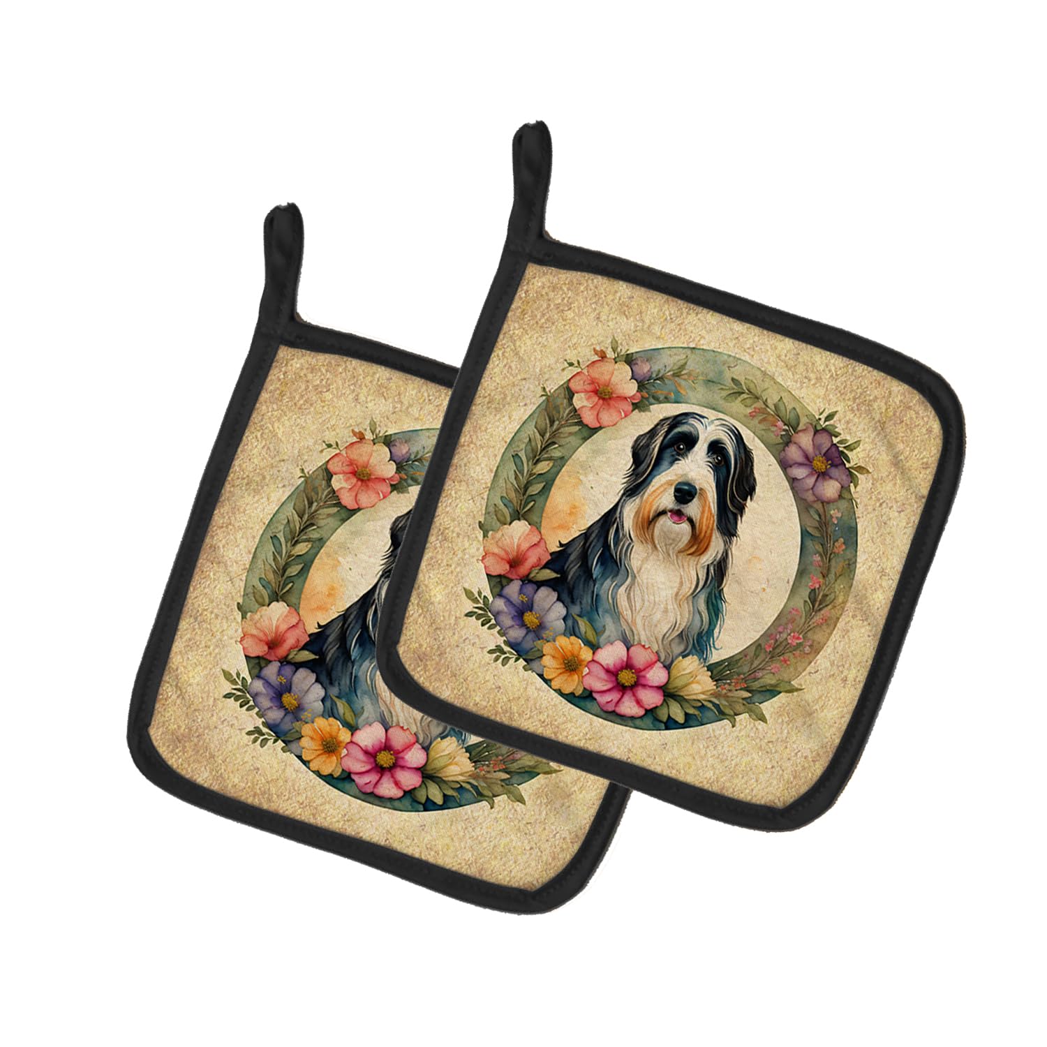 Bearded Collie and Flowers Pair of Pot Holders