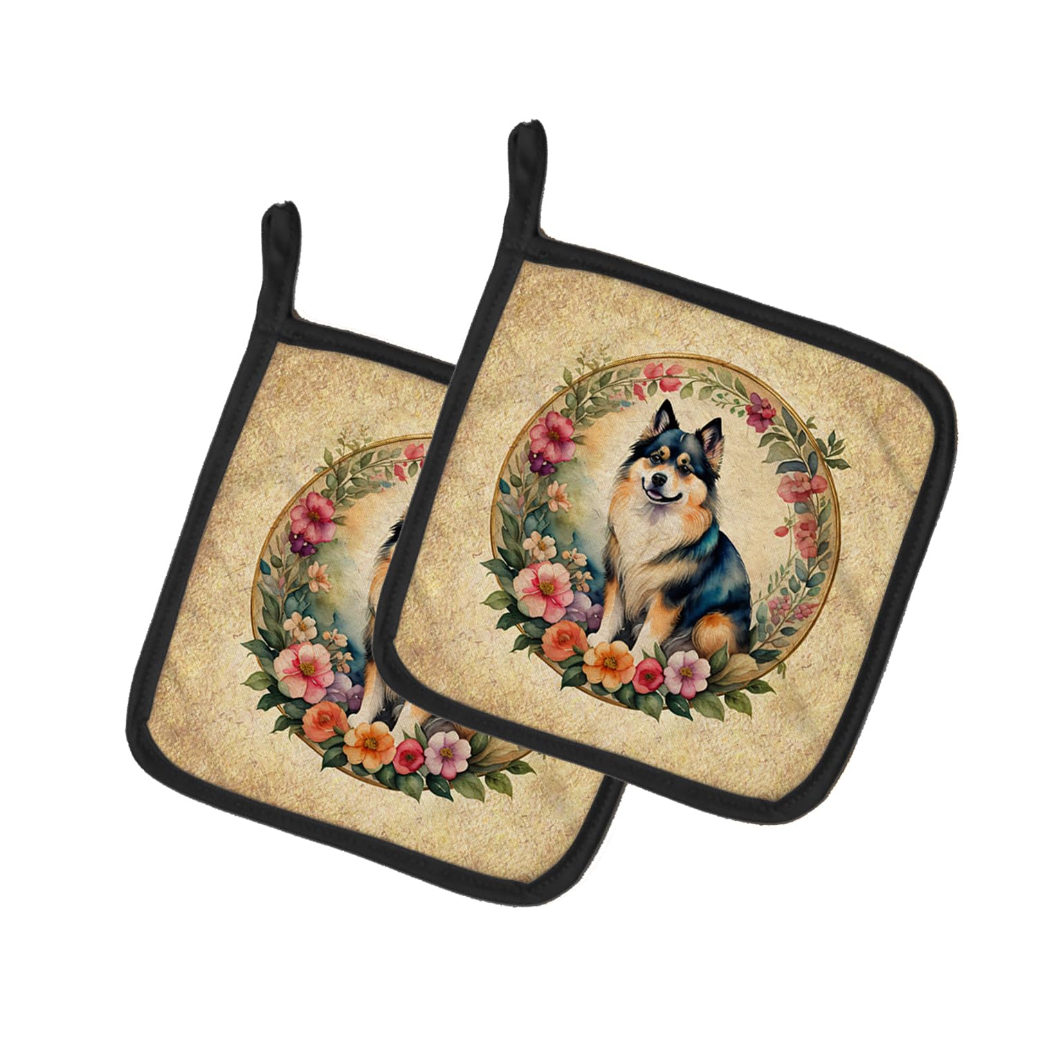 Finnish Lapphund and Flowers Pair of Pot Holders