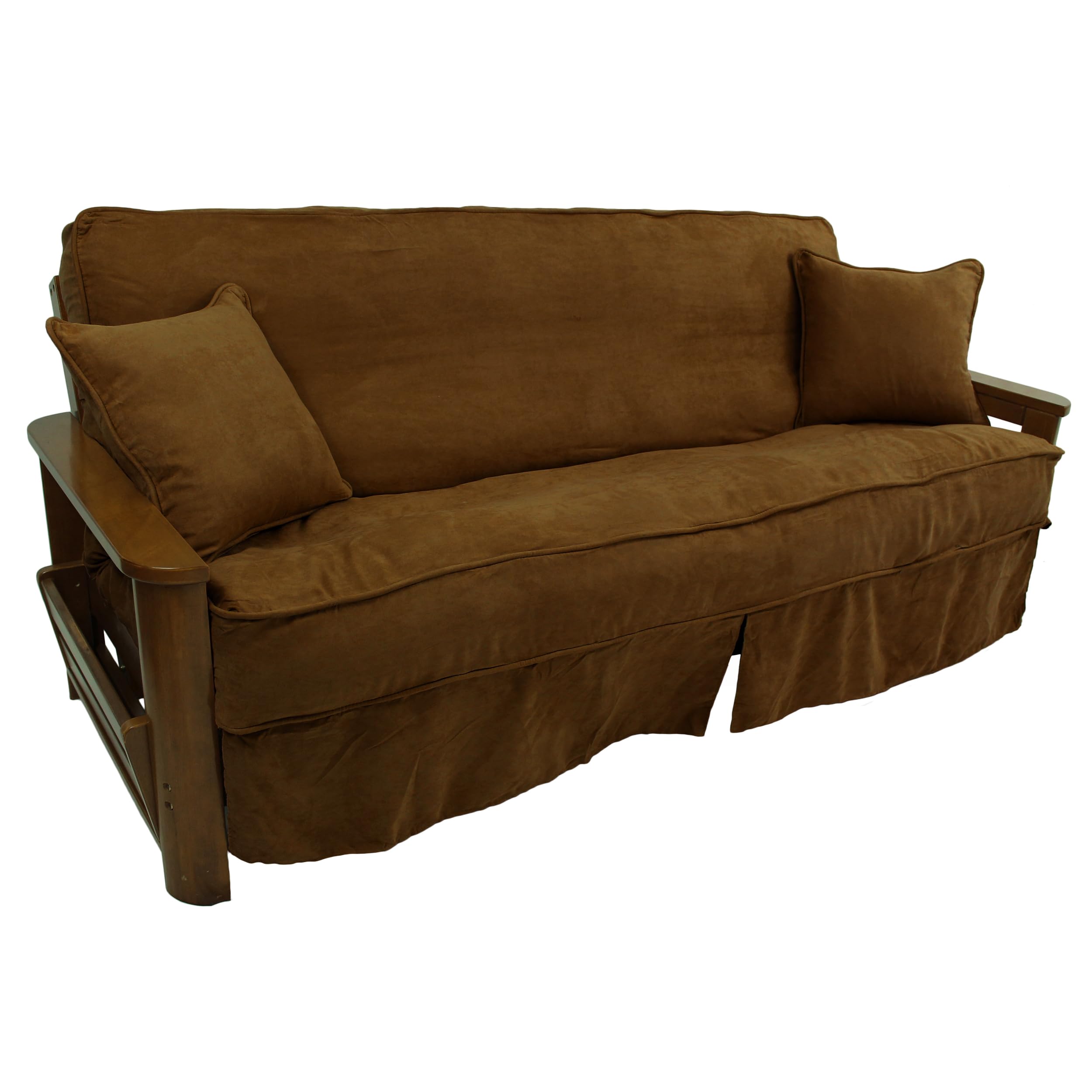 Solid Microsuede Double Corded 8 to 9-inch Full Futon Slipcover Set with Two 18-inch Throw Pillows (Set of 3) - Saddle Brown
