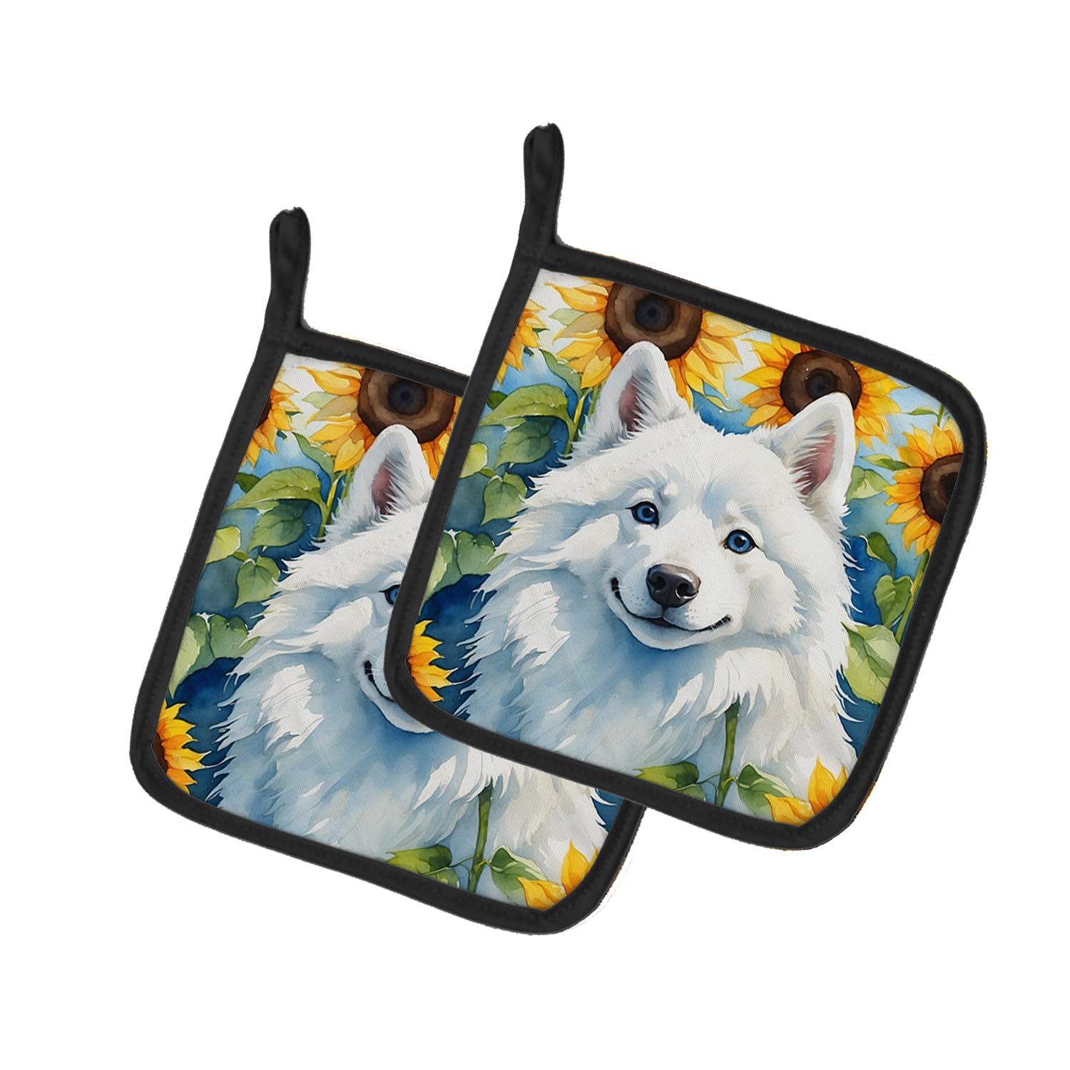American Eskimo in Sunflowers Pair of Pot Holders