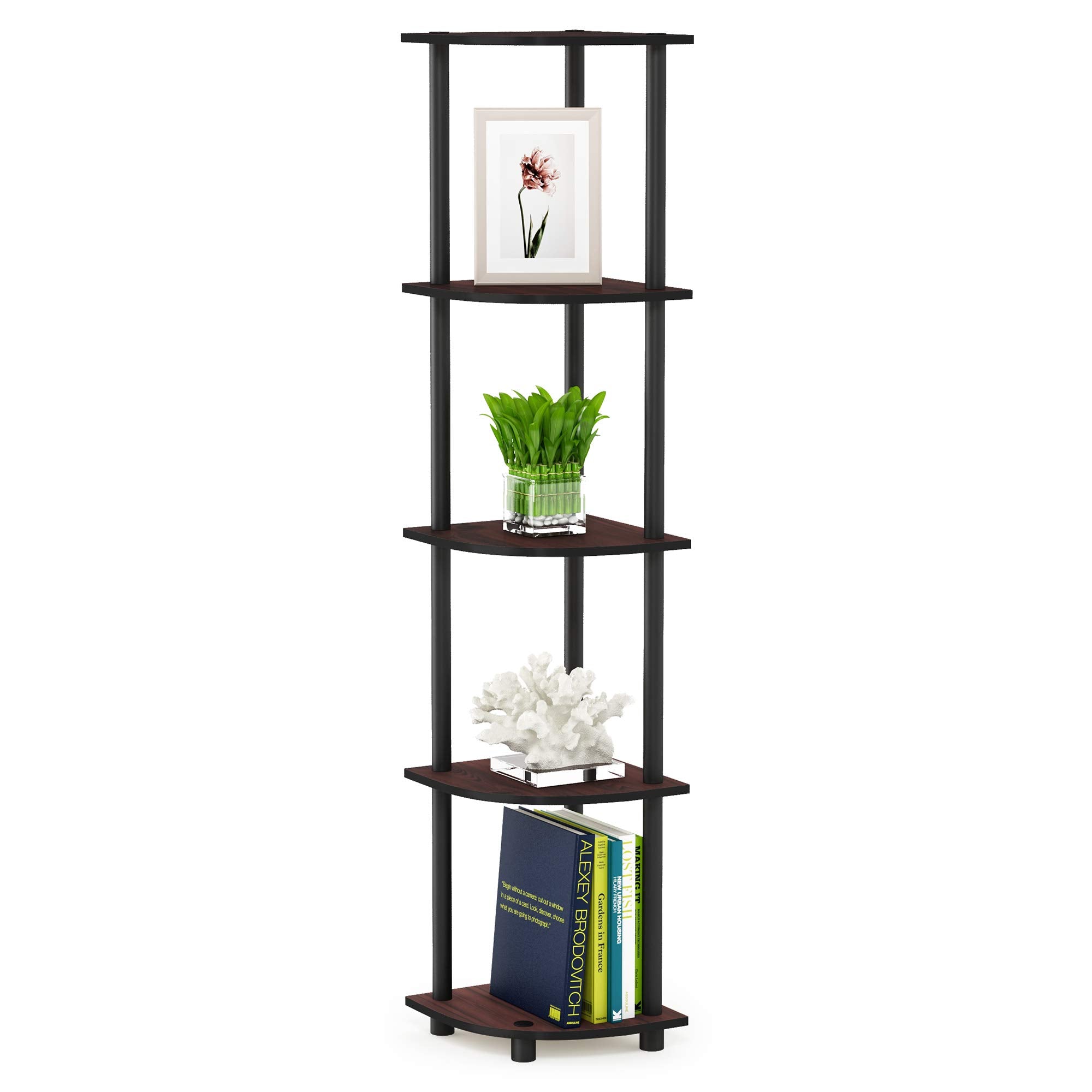 Furinno 99811DC/BK Turn-N-Tube 5 Tier Corner Display Rack Multipurpose Shelving Unit, Dark Cherry/Black