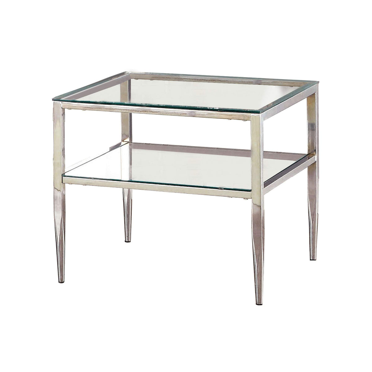 Benjara Glass Top Square End Table With Open Shelf And Chrome Frame, Silver