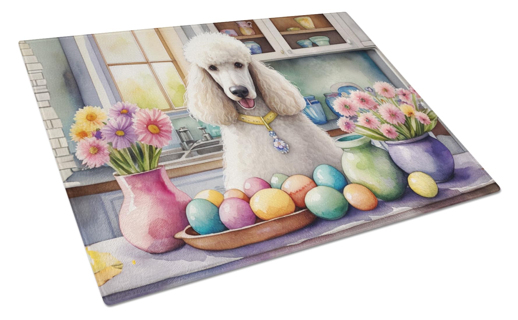 Carolines Treasures DAC6877LCB Decorating Easter White Poodle Glass Cutting Board Decorative Tempered Glass Kitchen Cutting and Serving Board Large Size Chopping Board