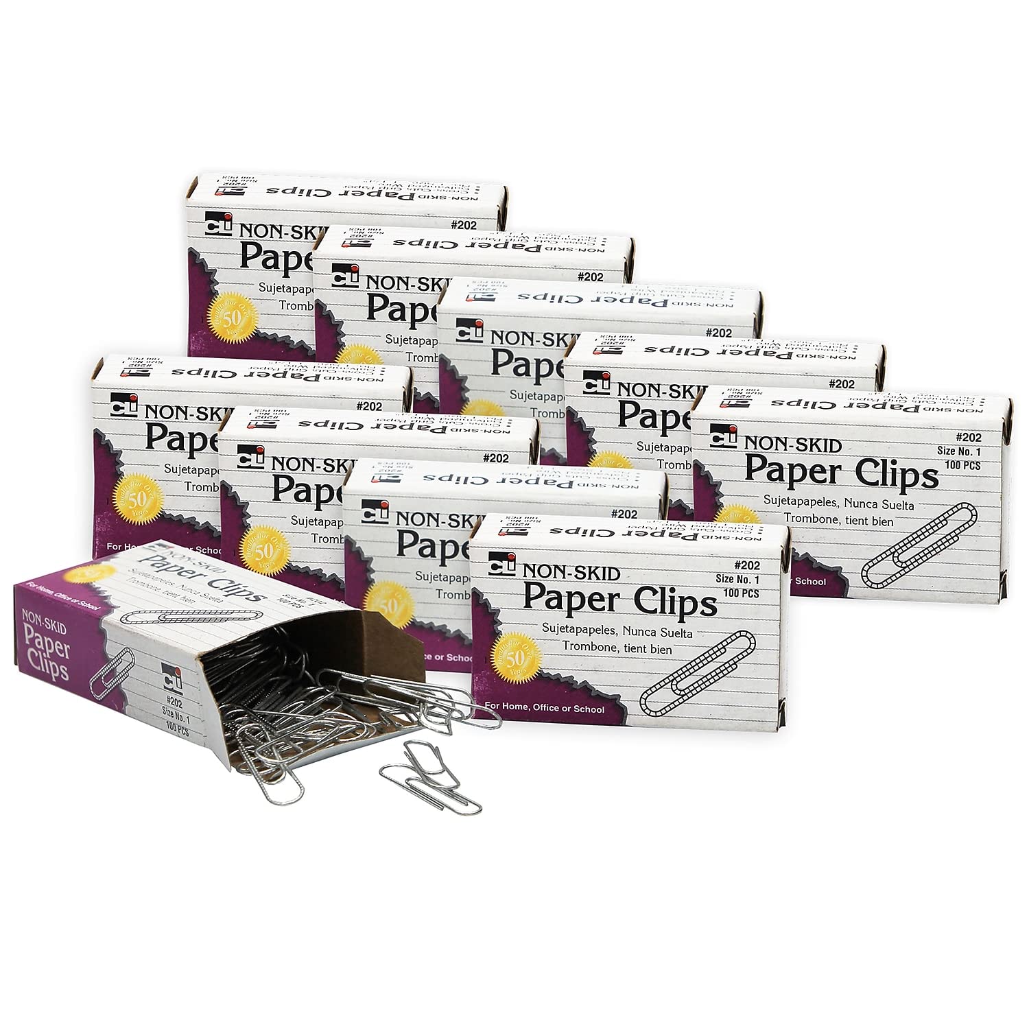 Non-Skid Standard Paper Clips, 1000 Per Box, 10 Boxes