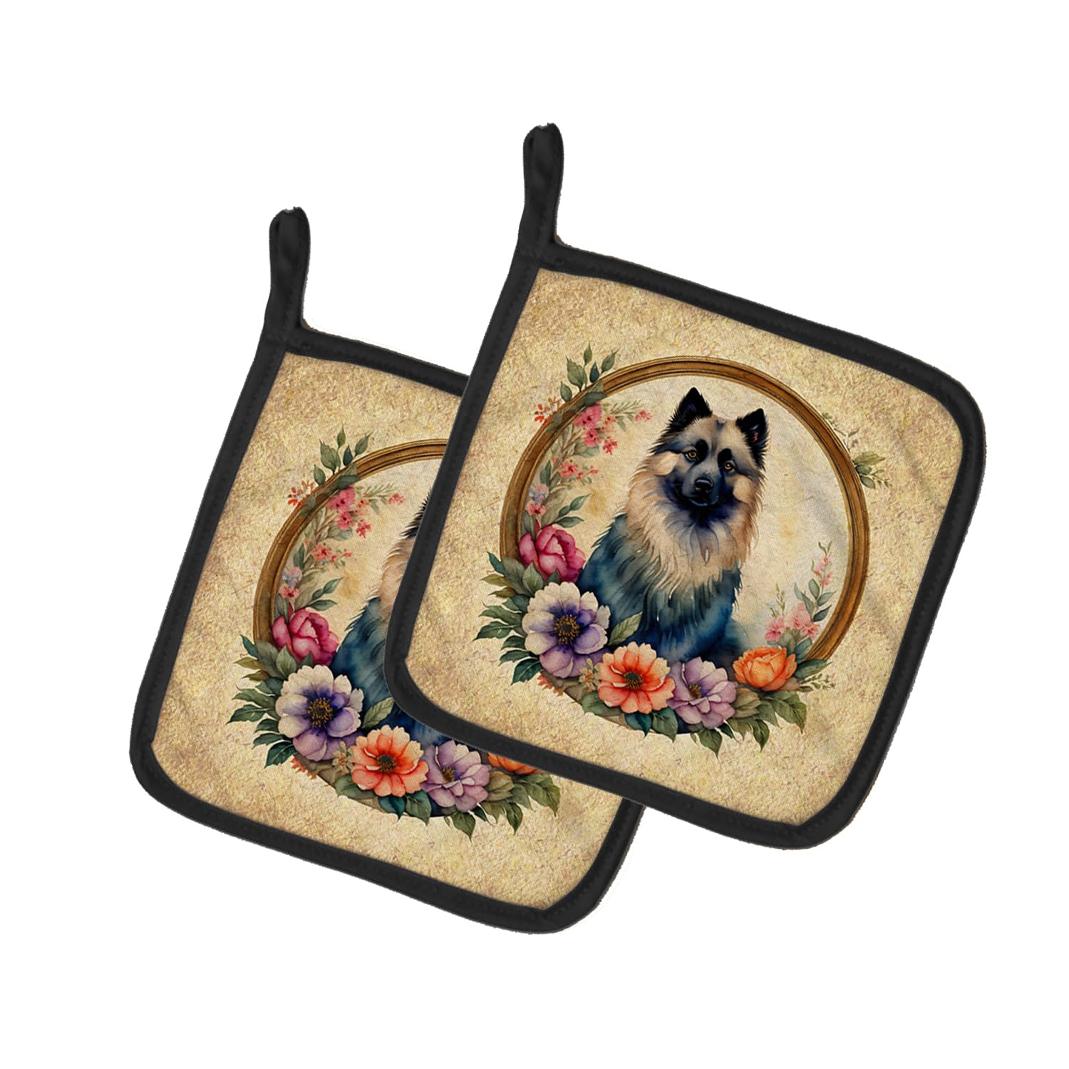 Keeshond and Flowers Pair of Pot Holders