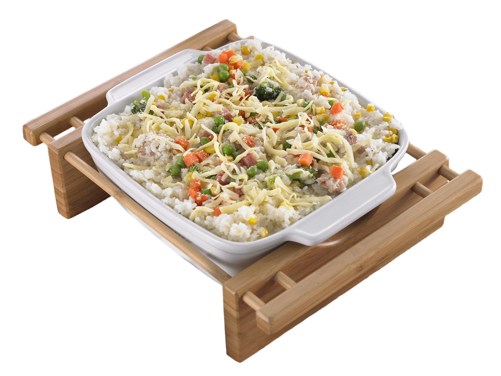 GRAND BUFFET STONEWARE SQUARE DISH W/BAMBOO CRADLE