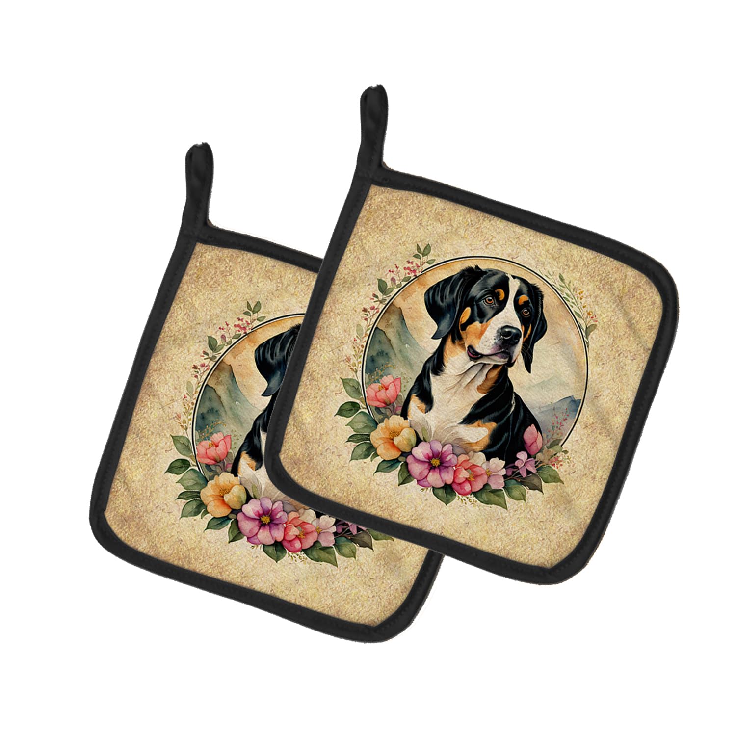 Entlebucher Mountain Dog and Flowers Pair of Pot Holders