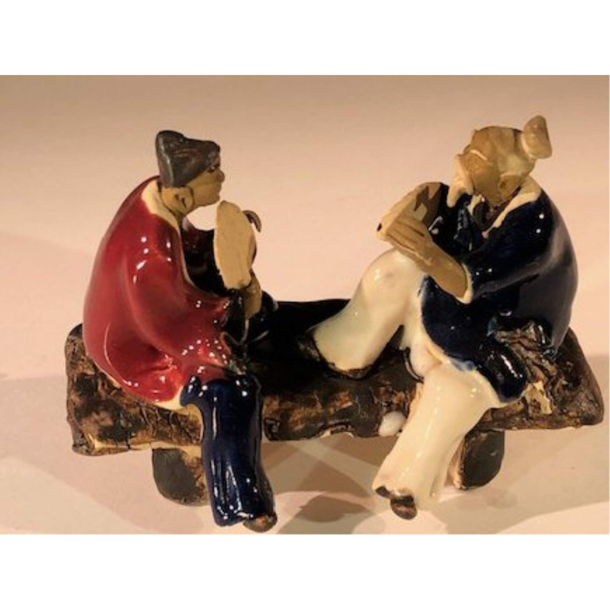 Ceramic FigurineTwo Men Sitting On A Bench With Fans- 3Color: Blue & Red