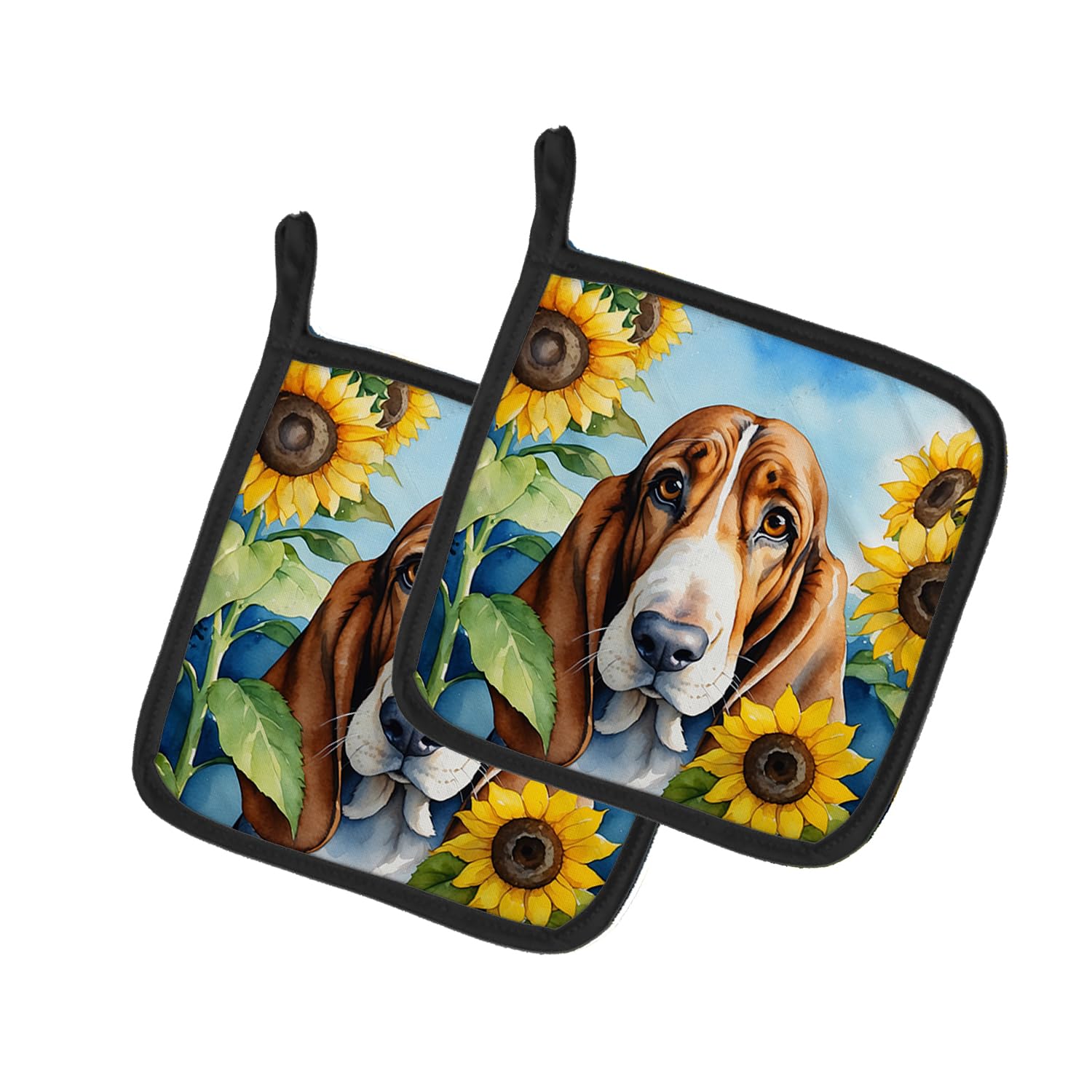 Basset Hound in Sunflowers Pair of Pot Holders