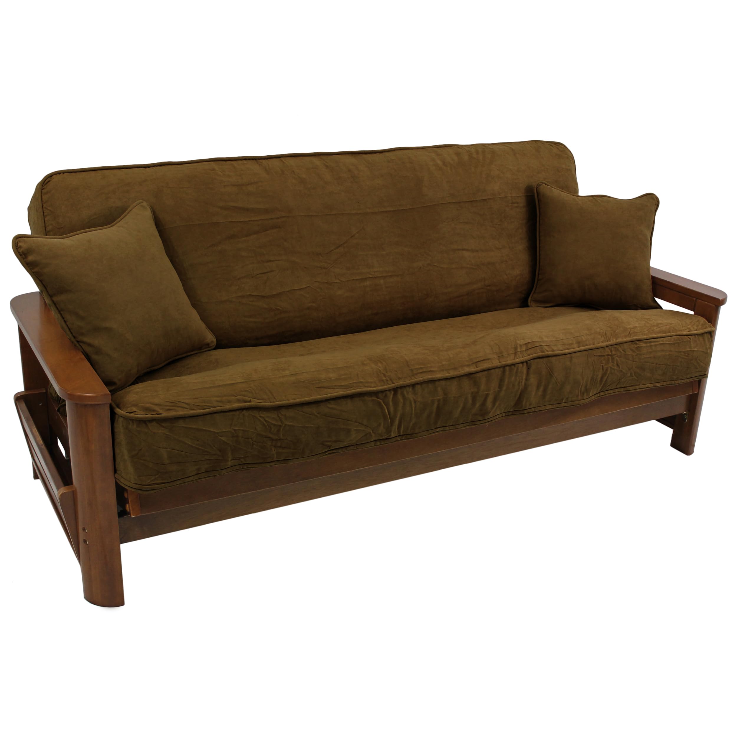 Solid Microsuede Double Corded 8 to 9-inch Full Futon Cover Set with Two 18-inch Throw Pillows (Set of 3) - Saddle Brown