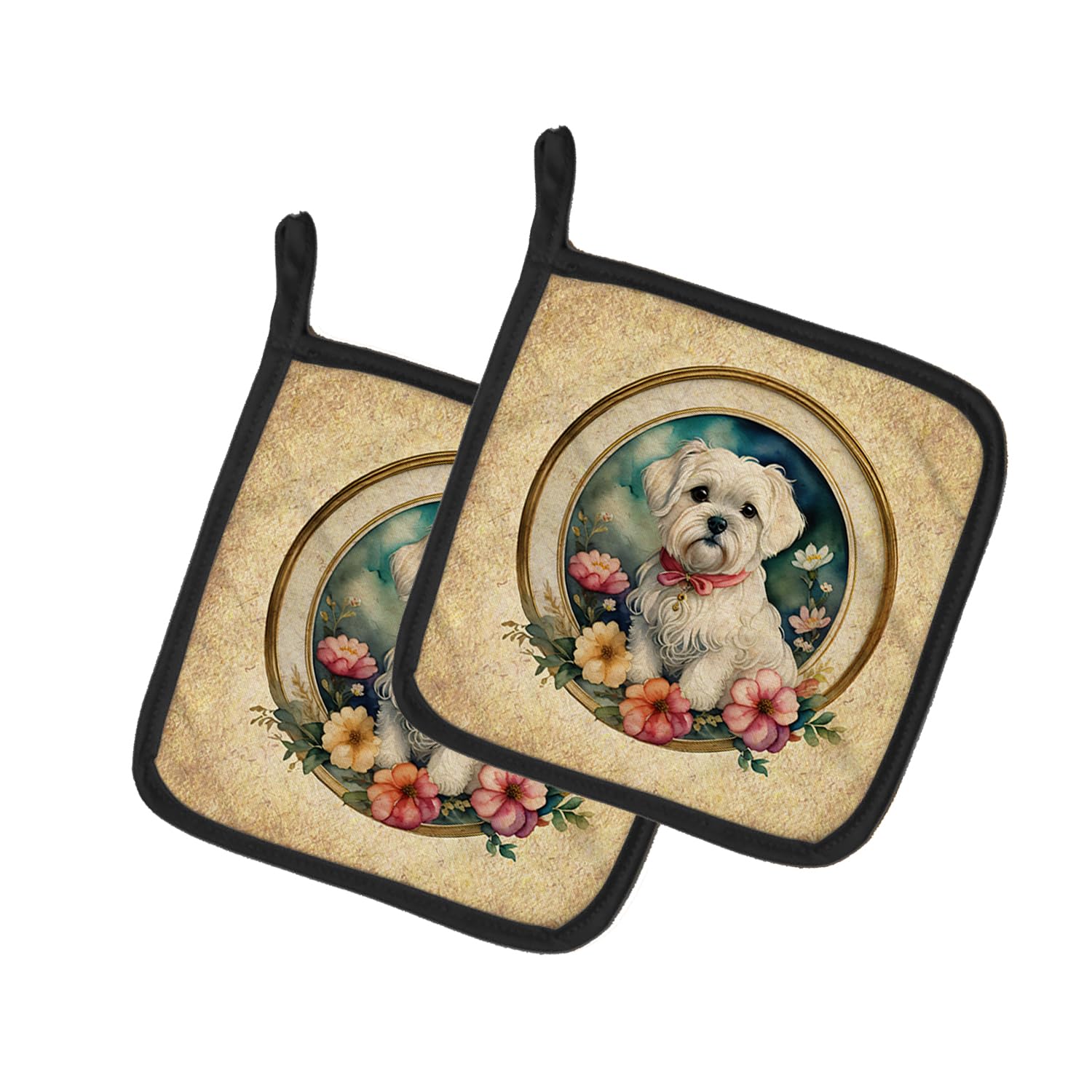 Maltese and Flowers Pair of Pot Holders