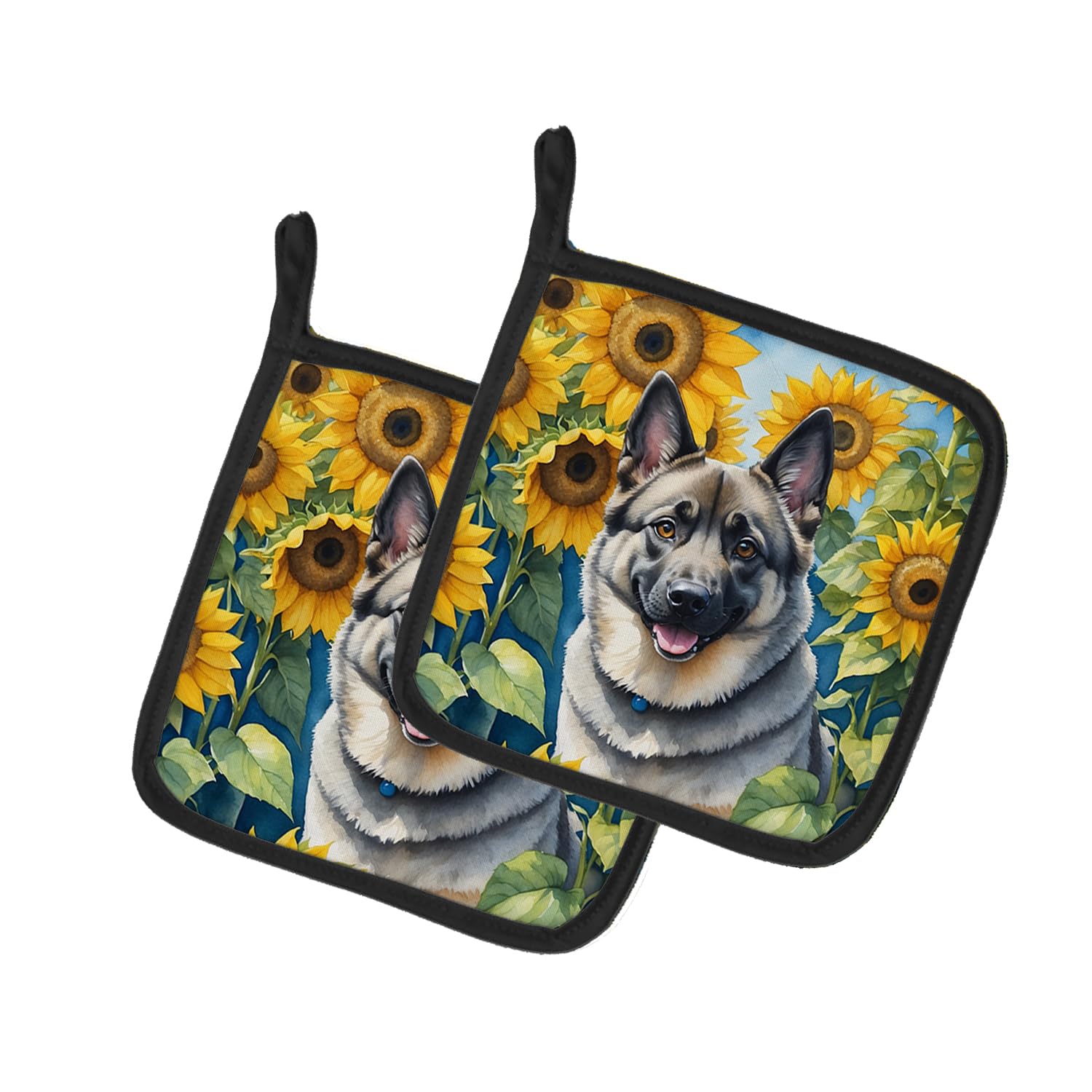 Norwegian Elkhound in Sunflowers Pair of Pot Holders