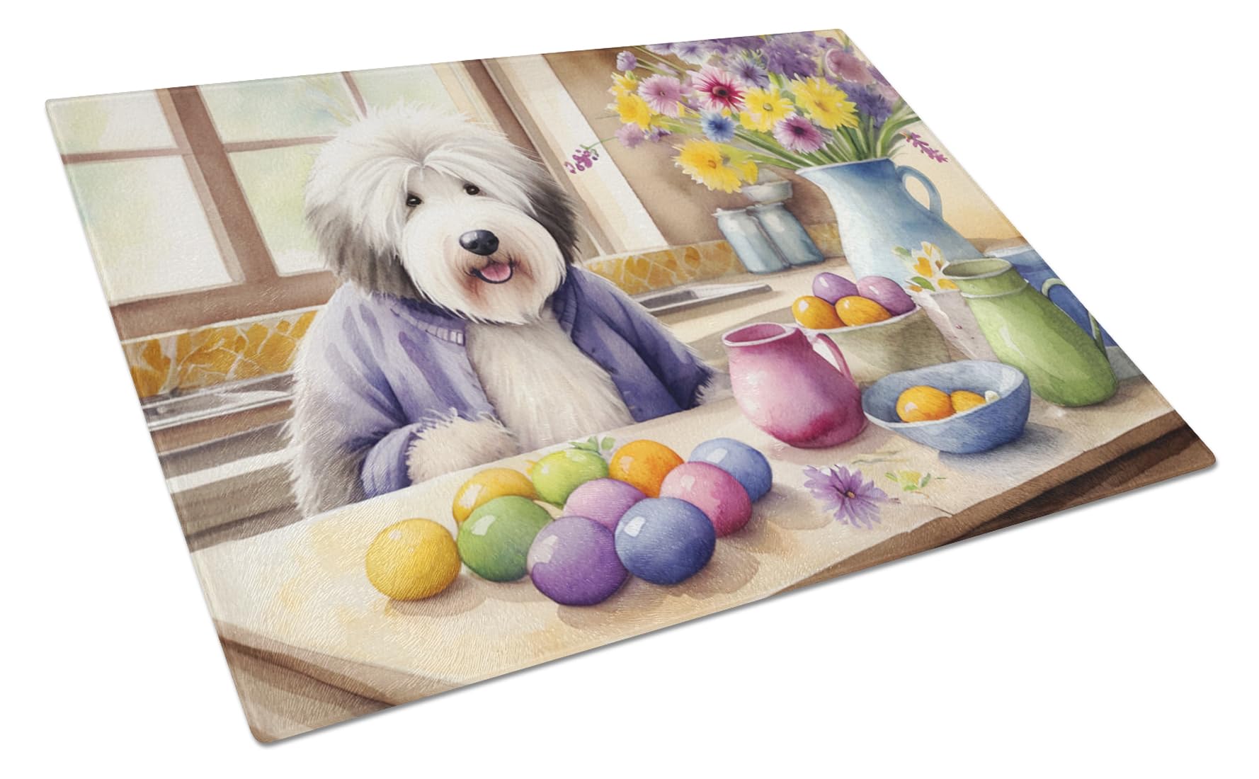 Carolines Treasures DAC6863LCB Decorating Easter Old English Sheepdog Glass Cutting Board Decorative Tempered Glass Kitchen Cutting and Serving Board Large Size Chopping Board