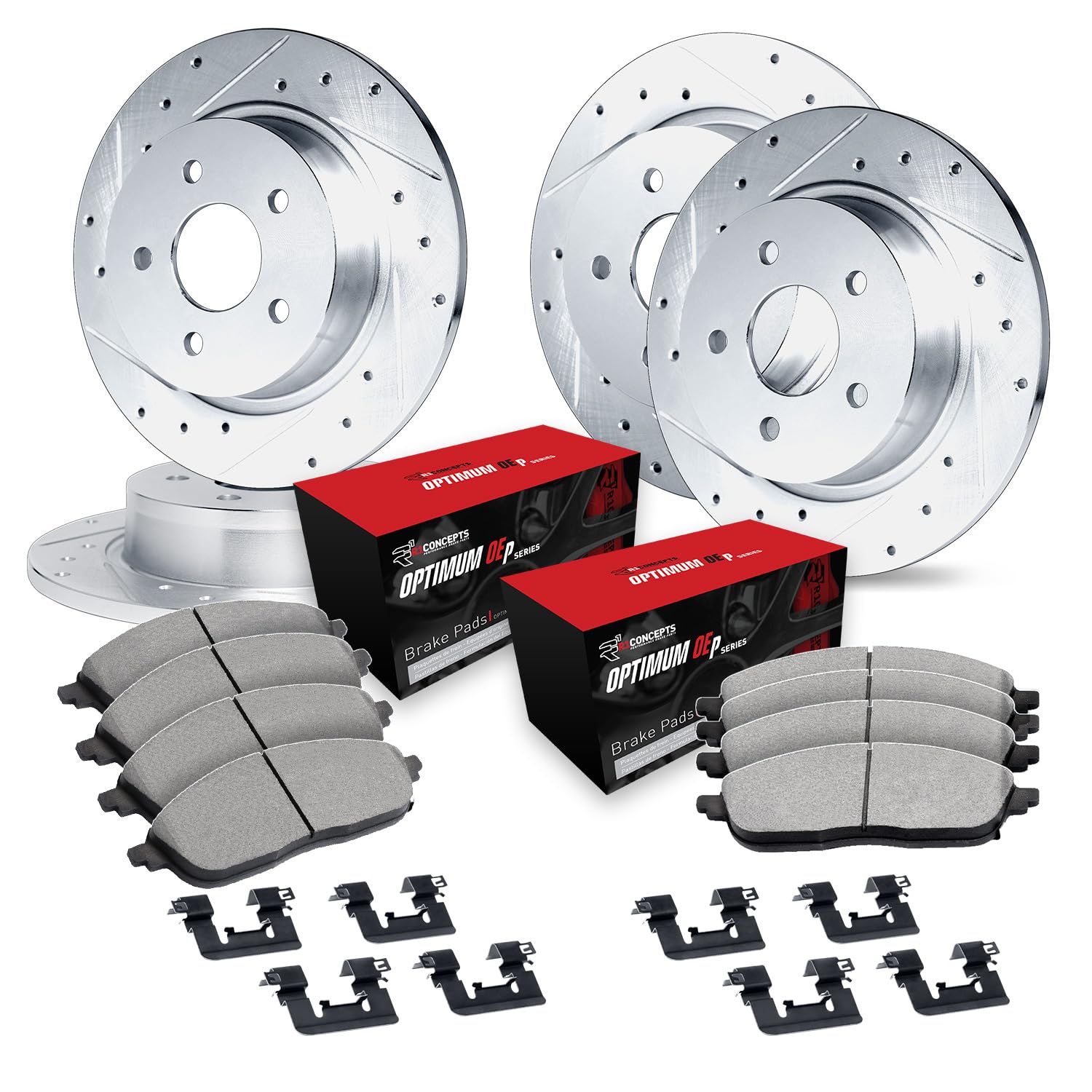 R1 Concepts Drilled and Slotted Silver Disc Brake Rotor Set with Optimum Oe Pads and Hardware WGUH2-27000