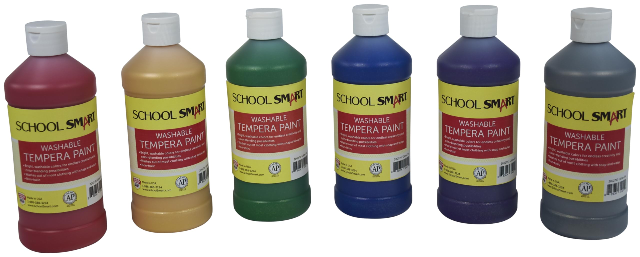 School Smart Washable Tempera Paint Set, Assorted Glitter Colors, Pint Set of 6