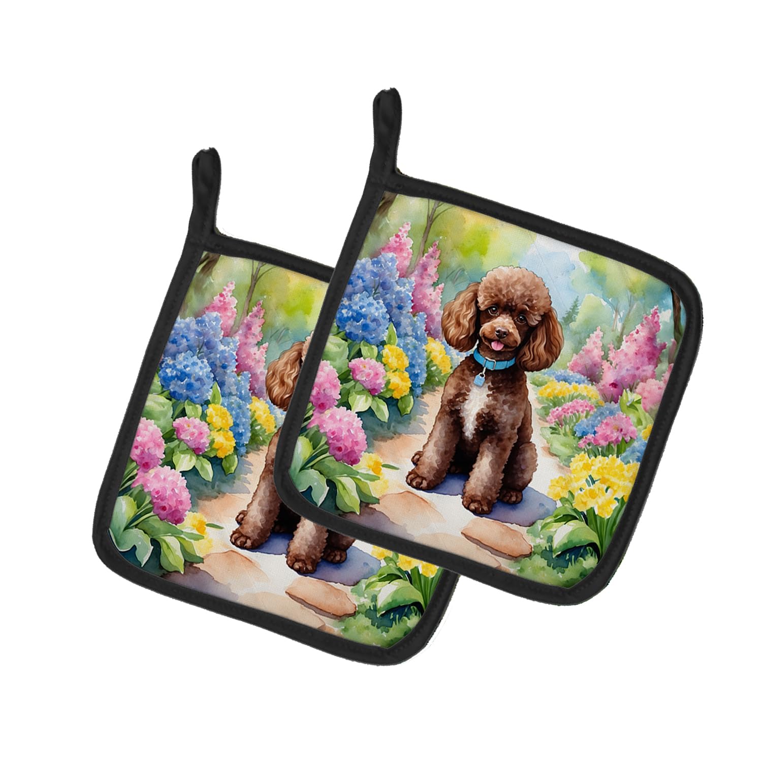 Chocolate Poodle Spring Path Pair of Pot Holders