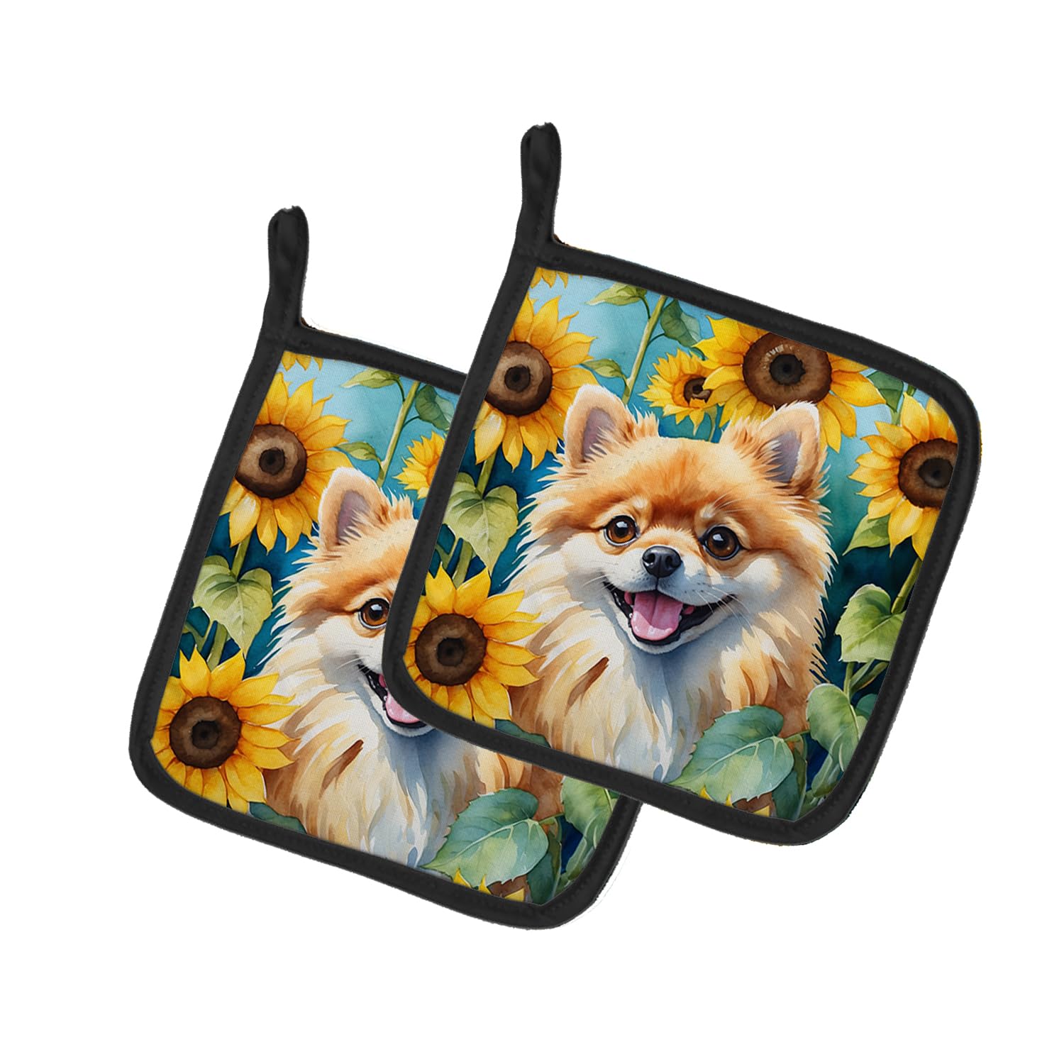 Pomeranian in Sunflowers Pair of Pot Holders