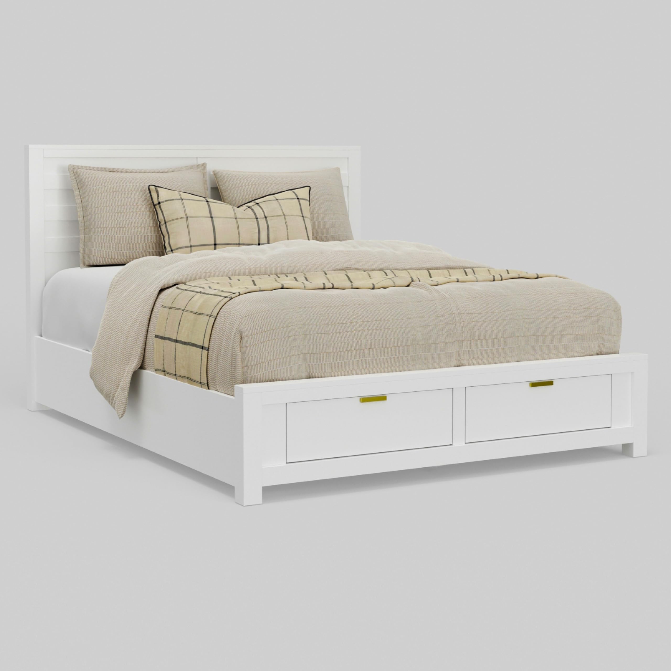 Fery King Size Storage Bed, Panel Headboard, White Solid Pine Wood
