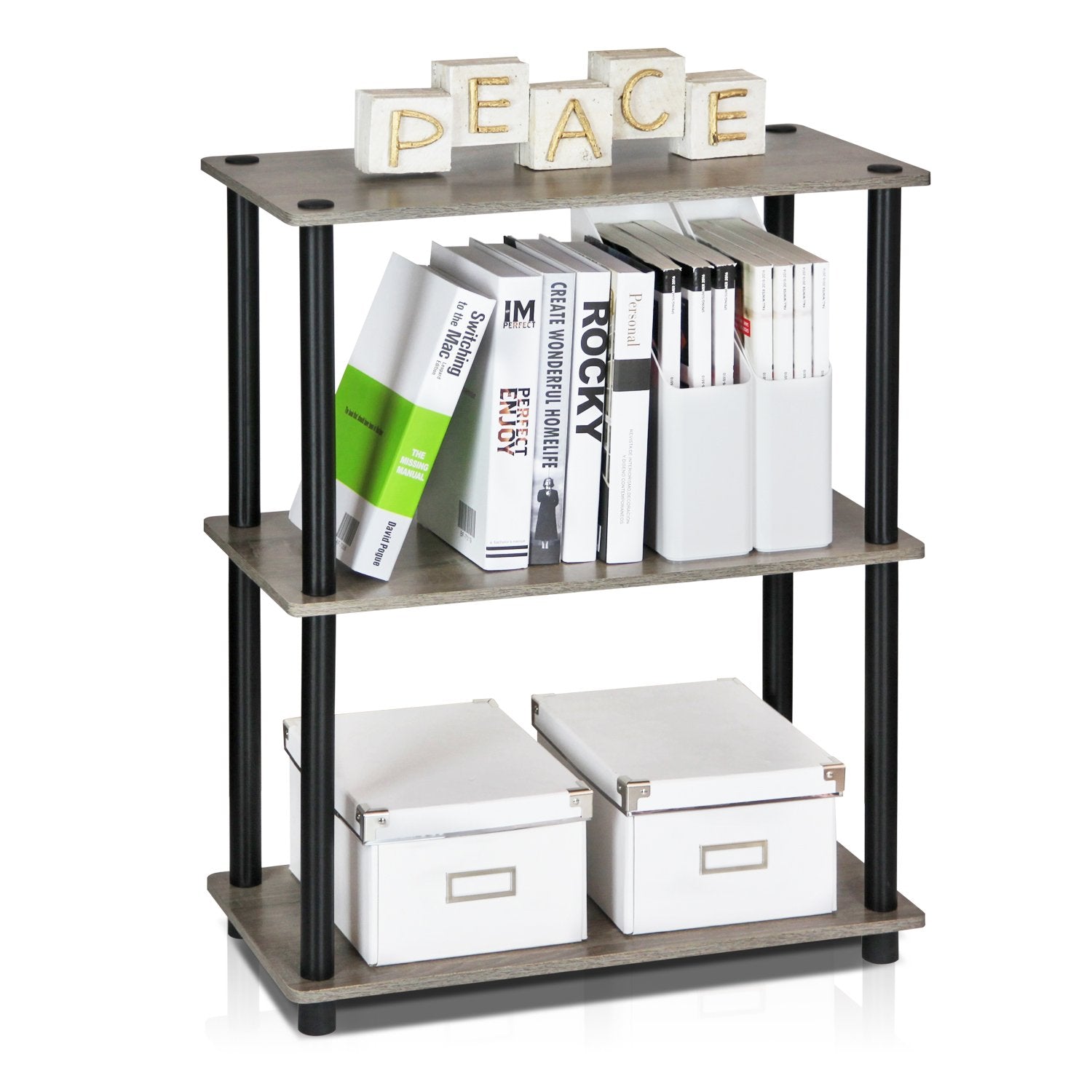 Furinno 10024GYW/BK Turn-N-Tube 3-Tier Compact Multipurpose Shelf Display Rack