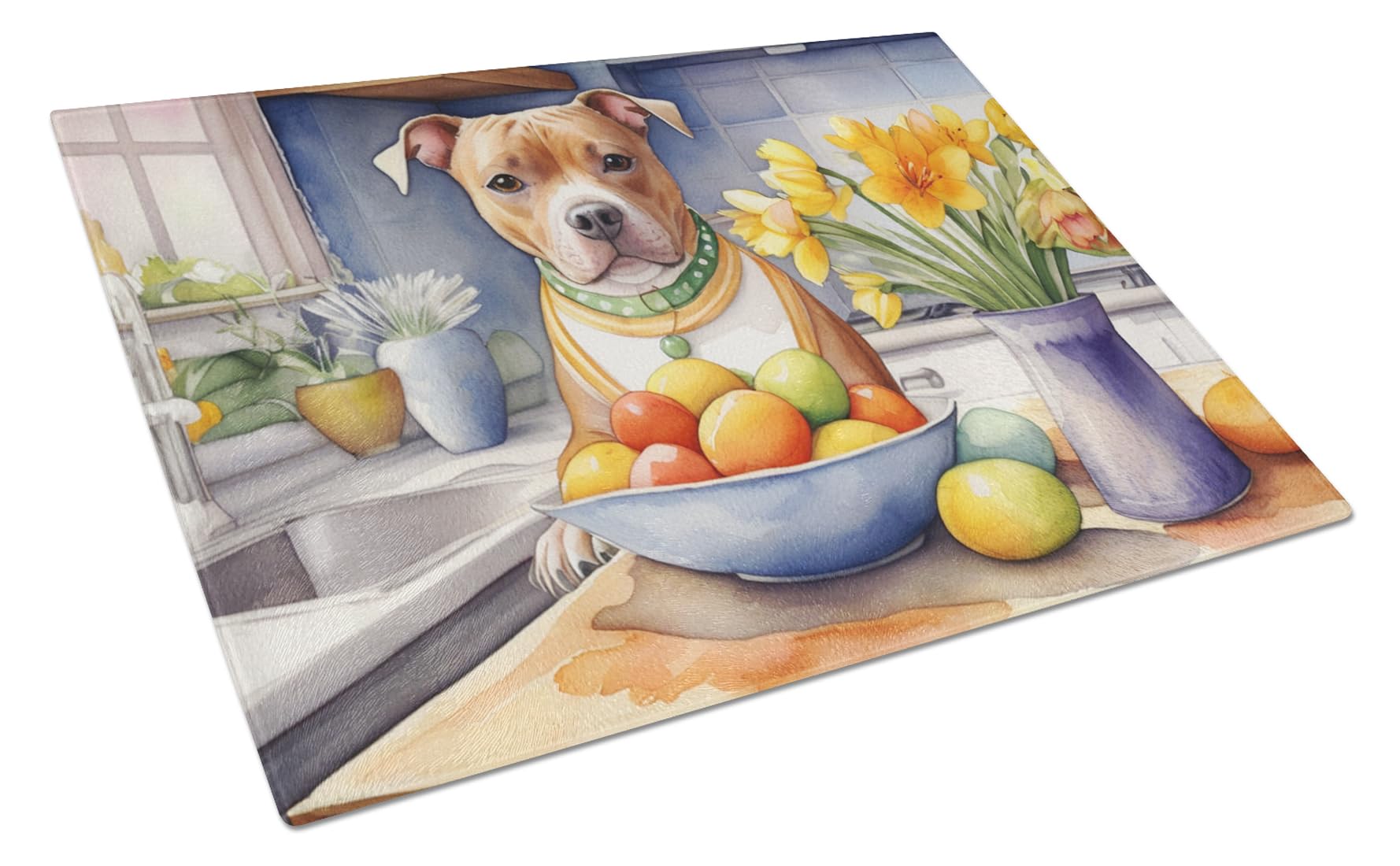 Carolines Treasures DAC6907LCB Decorating Easter Staffordshire Bull Terrier Glass Cutting Board Decorative Tempered Glass Kitchen Cutting and Serving Board Large Size Chopping Board