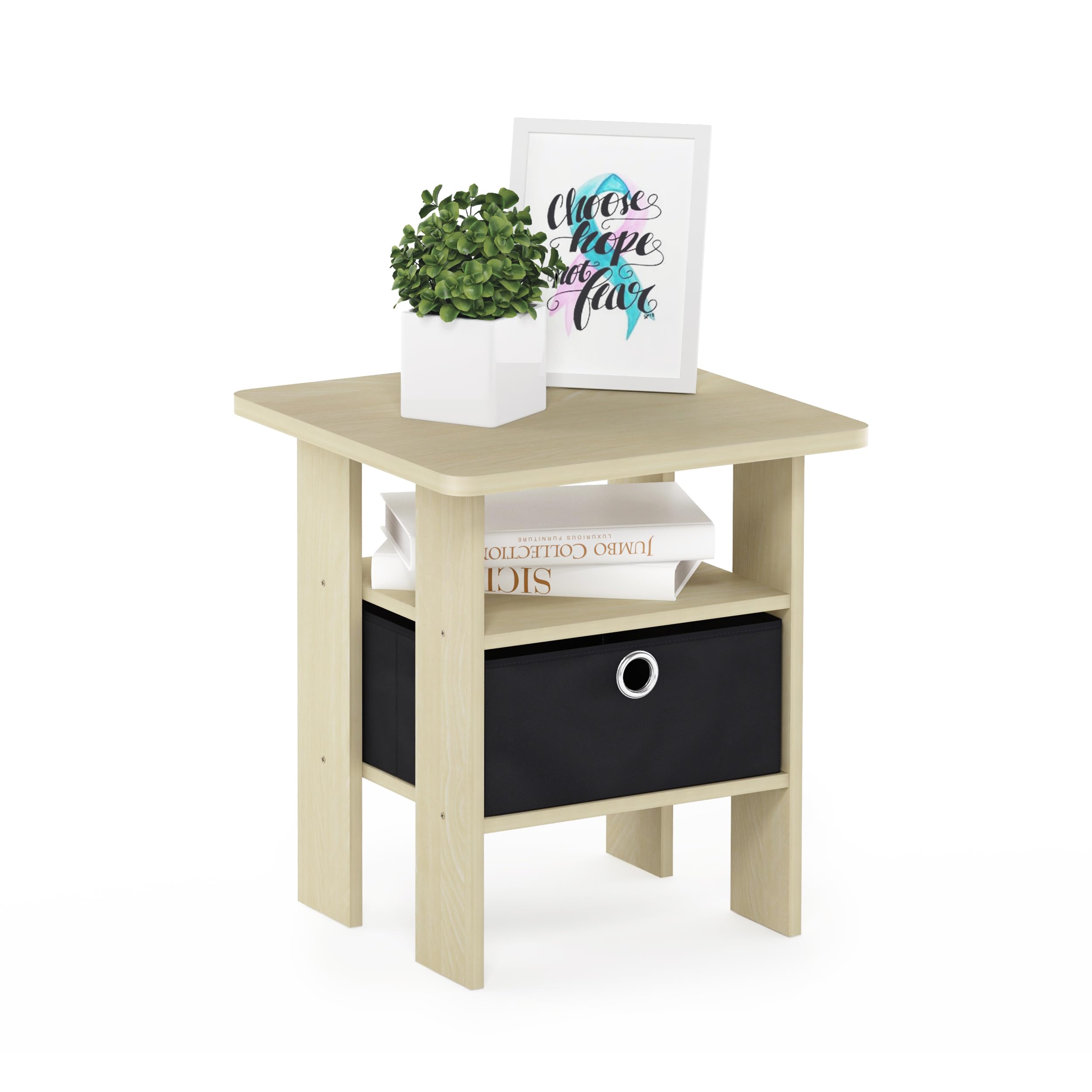 Furinno 11157SBE/BK End Table Bedroom Night Stand w/Bin Drawer, Steam Beech/Black