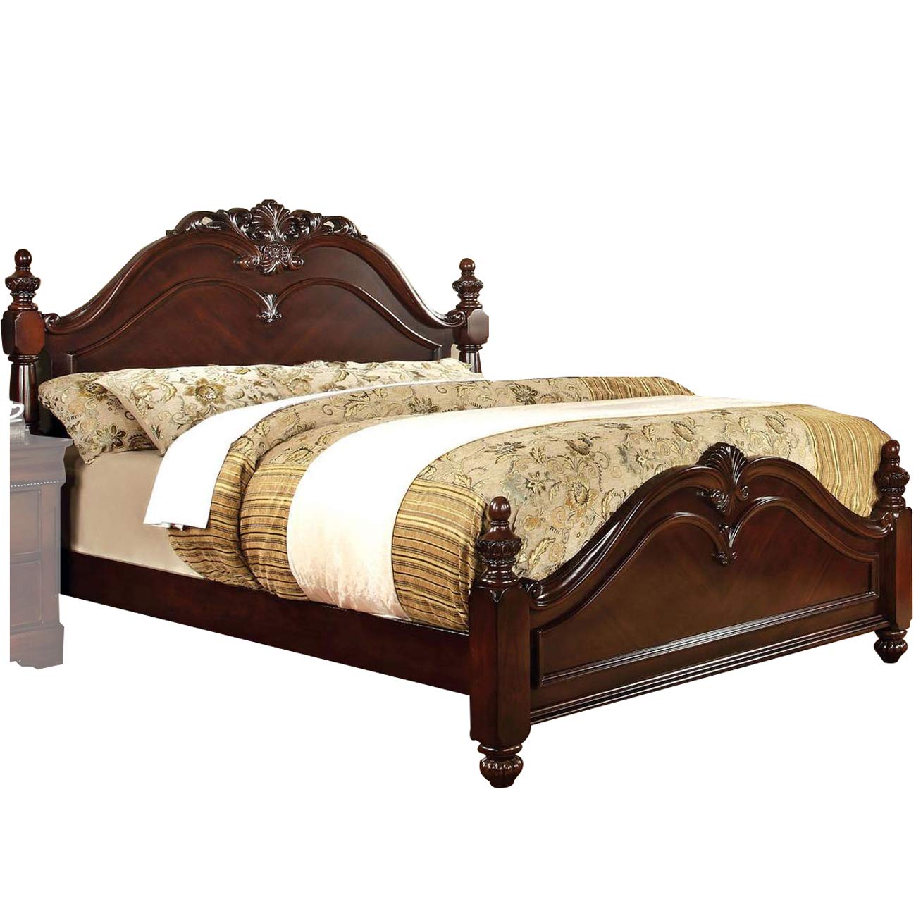 Traditional Style Eastern King Wooden Bed with Floral Carvings, Brown