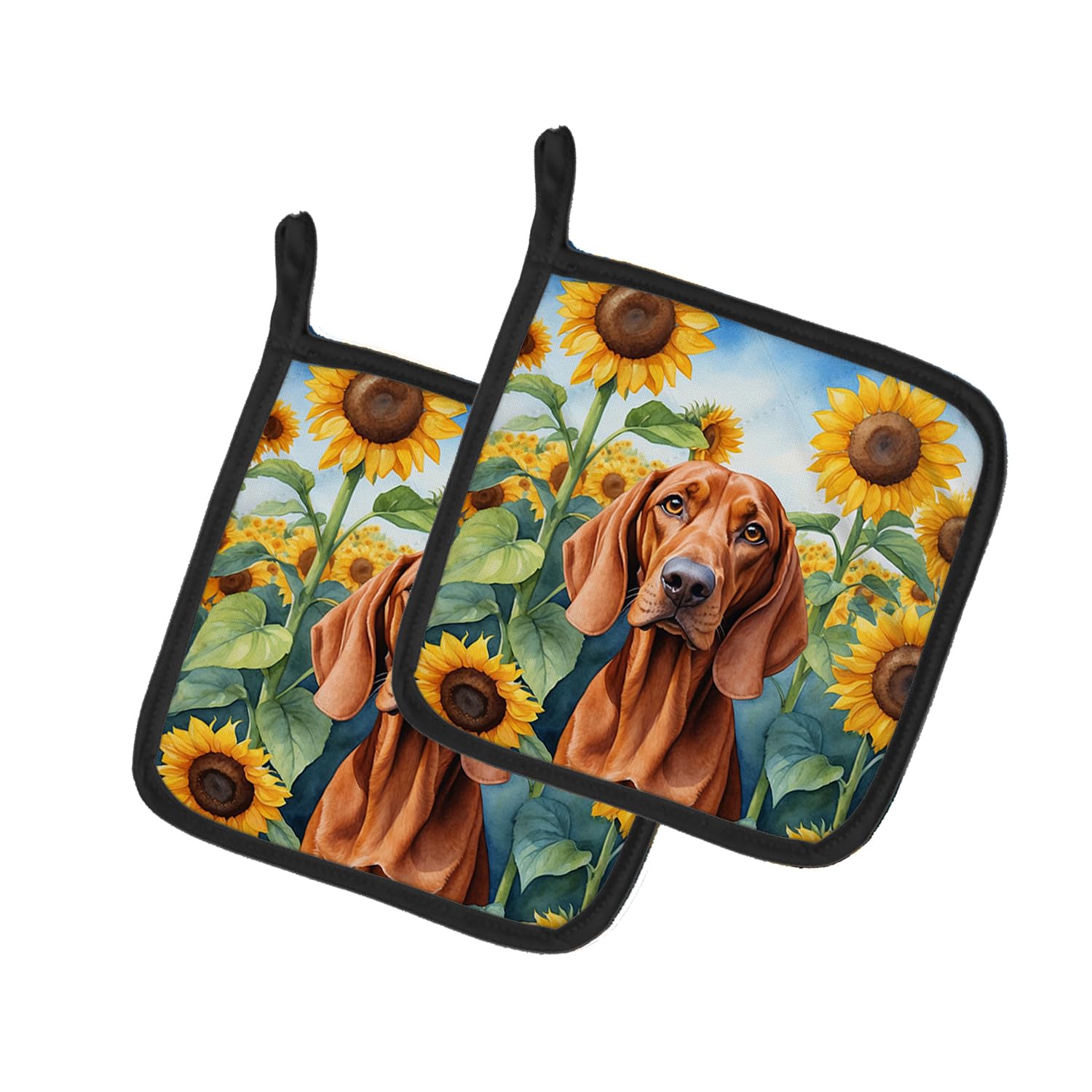 Redbone Coonhound in Sunflowers Pair of Pot Holders