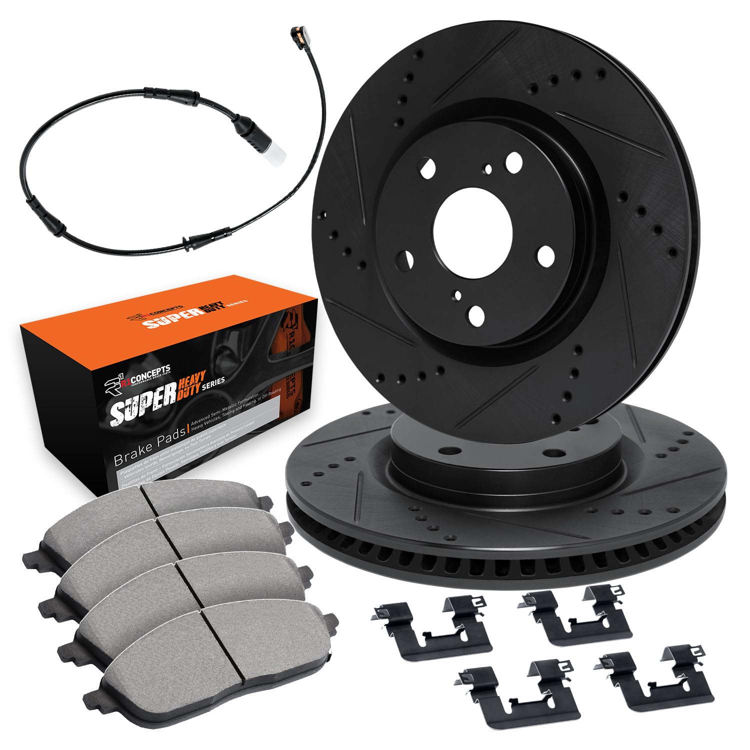 R1 Concepts Drilled and Slotted Black Disc Brake Rotor Set with Super Duty Pads, Sensor, and Hardware WHXS1-63216