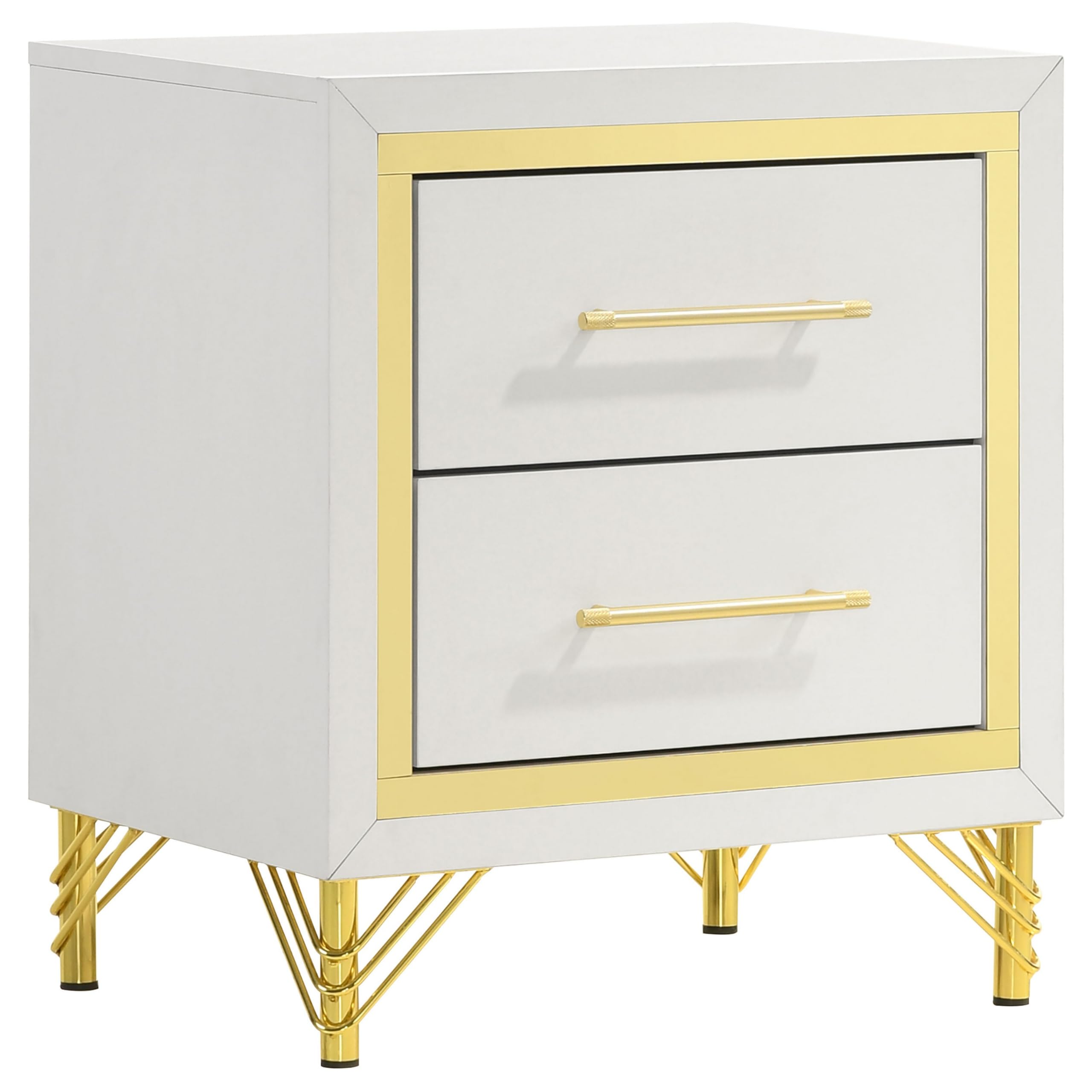 Jenny Nightstand, 2 Drawers, Hairpin Style Legs in Gold, Bar Handles, White